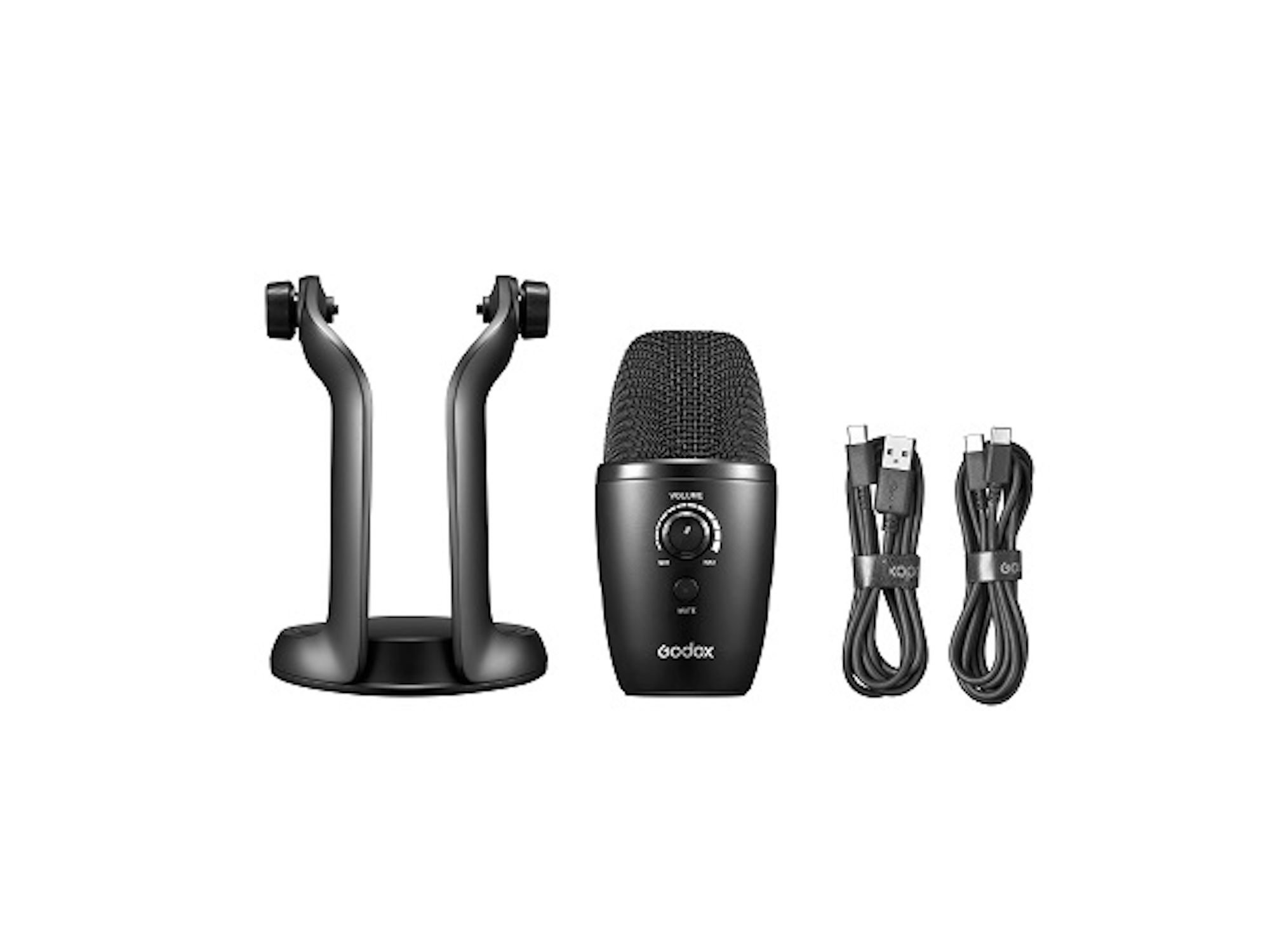 Un microphone noir avec un pied et deux câbles USB.