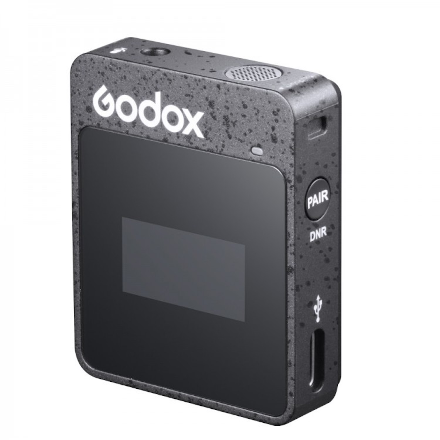 Un récepteur audio Godox noir avec un écran, des boutons jumelés et DNR, et un port USB sur fond blanc.