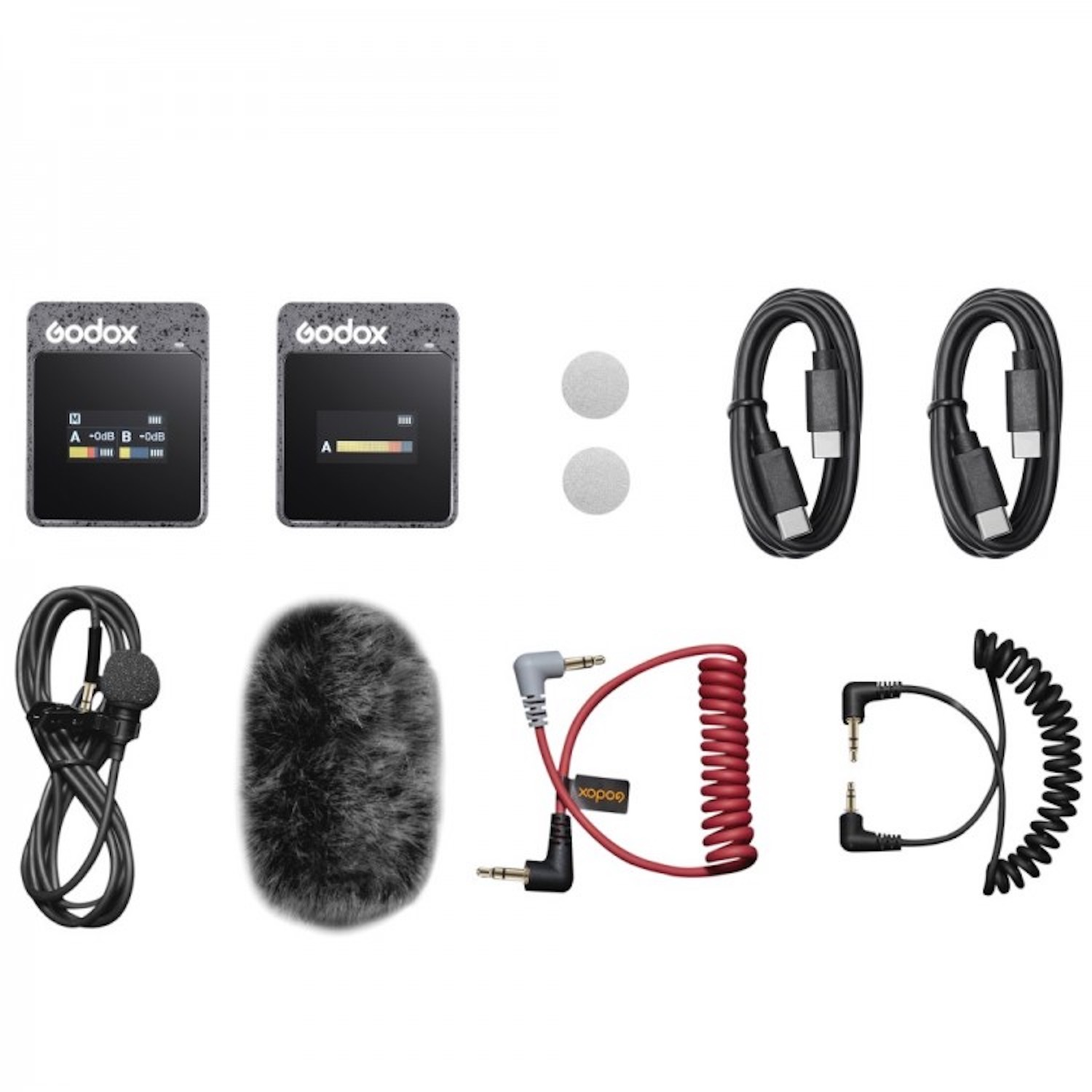 Une collection d'équipements audio : deux émetteurs Godox, des câbles, un microphone, une bonnette anti-vent et des câbles de connexion.