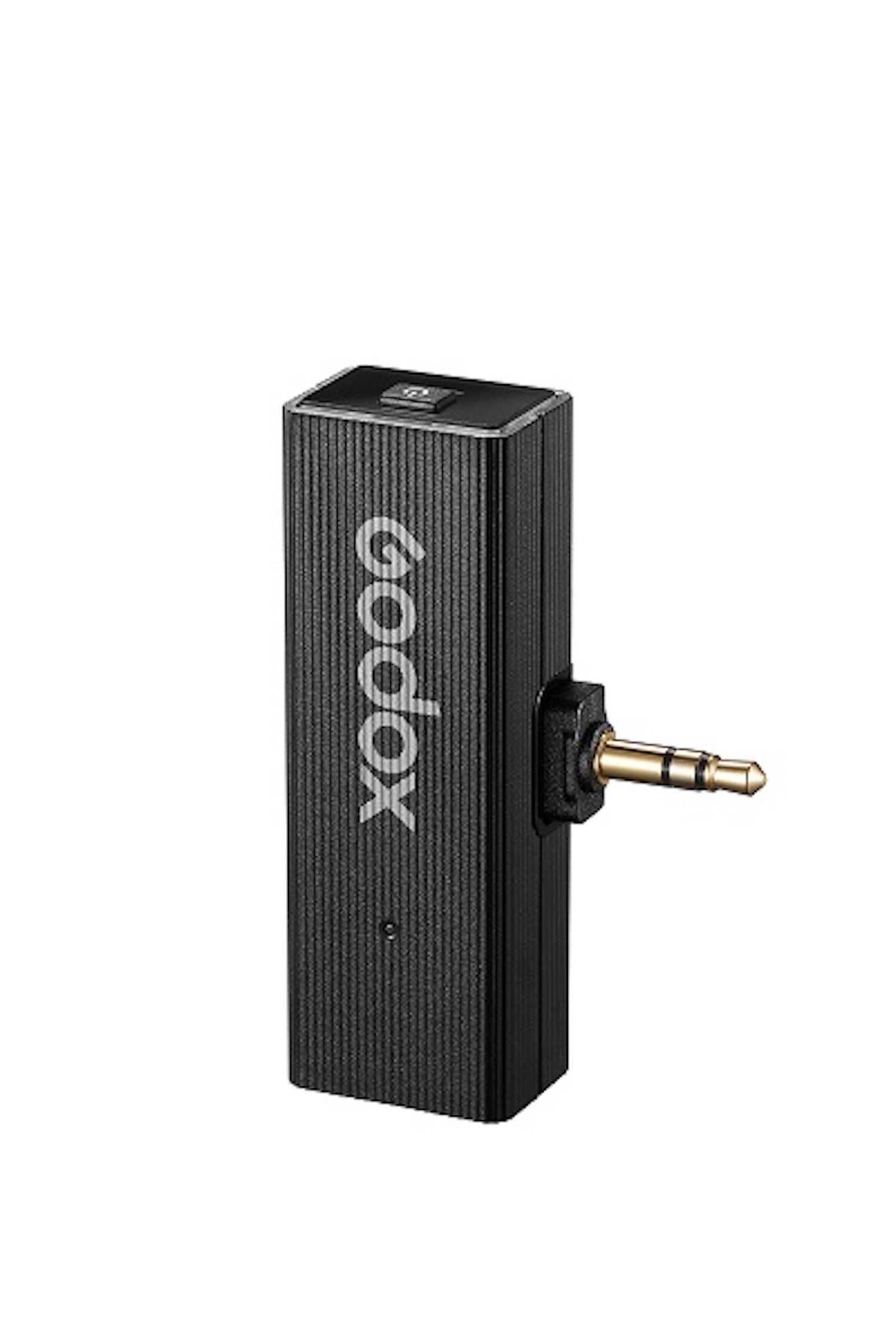 Récepteur audio Godox noir avec une prise jack 3,5 mm. Il possède un bouton d'alimentation et une fente pour la prise jack.