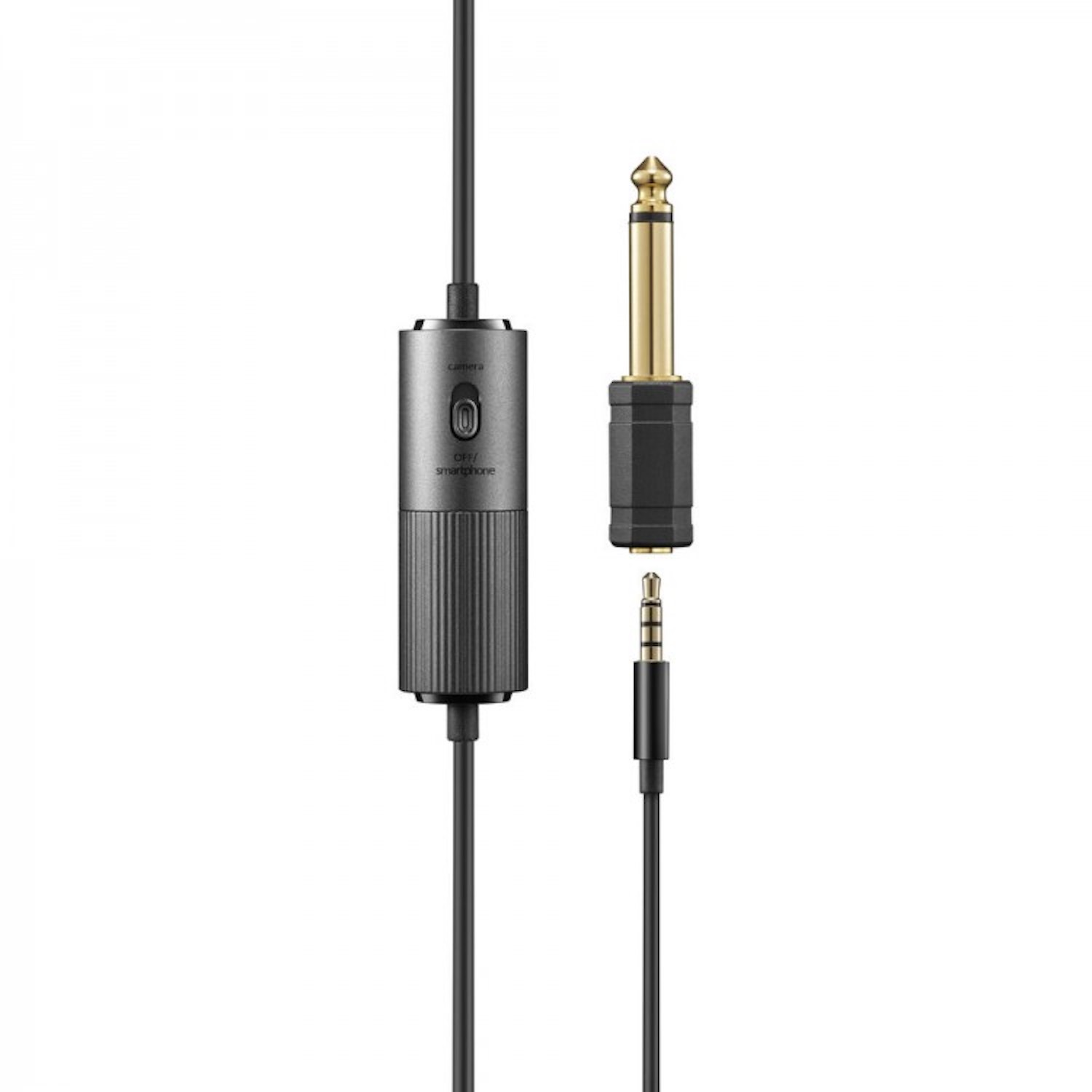 Ein schwarz-graues Adapterkabel mit drei Anschlüssen: Kameraanschluss, Smartphone-Anschluss und 3,5-mm-Klinke.