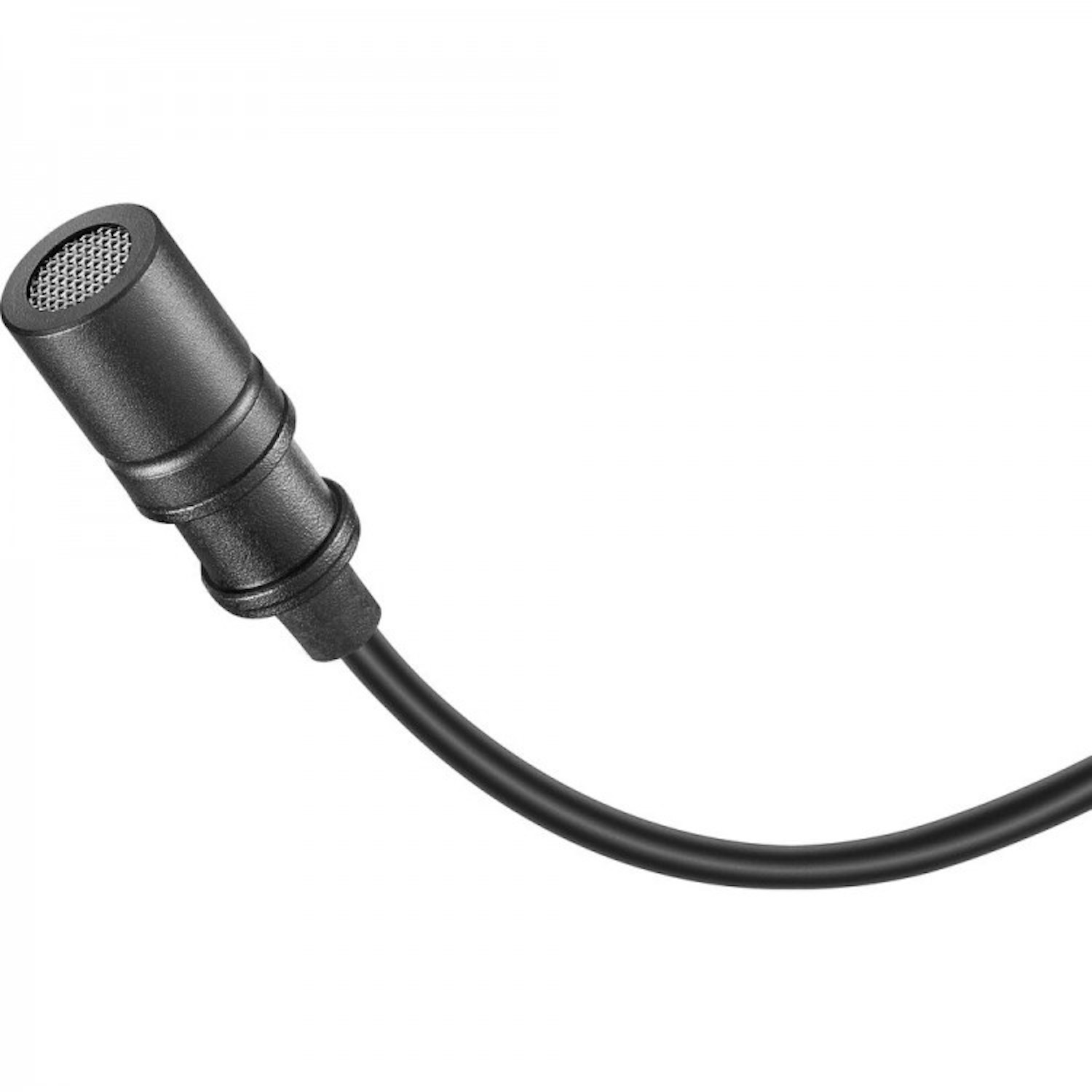 Schwarzes Mikrofon mit Mesh-Kopf und angeschlossenem schwarzem Kabel, vor weißem Hintergrund.