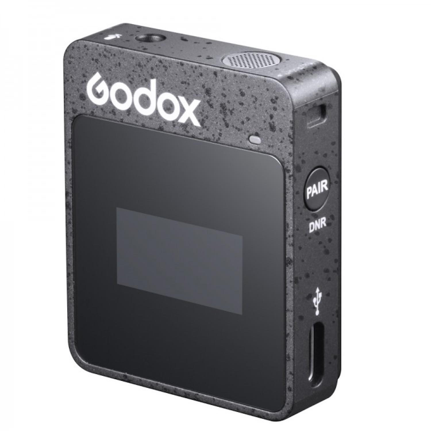 Ein schwarzes Godox-Gerät mit Bildschirm, Knöpfen und USB-Anschluss, vor weißem Hintergrund.