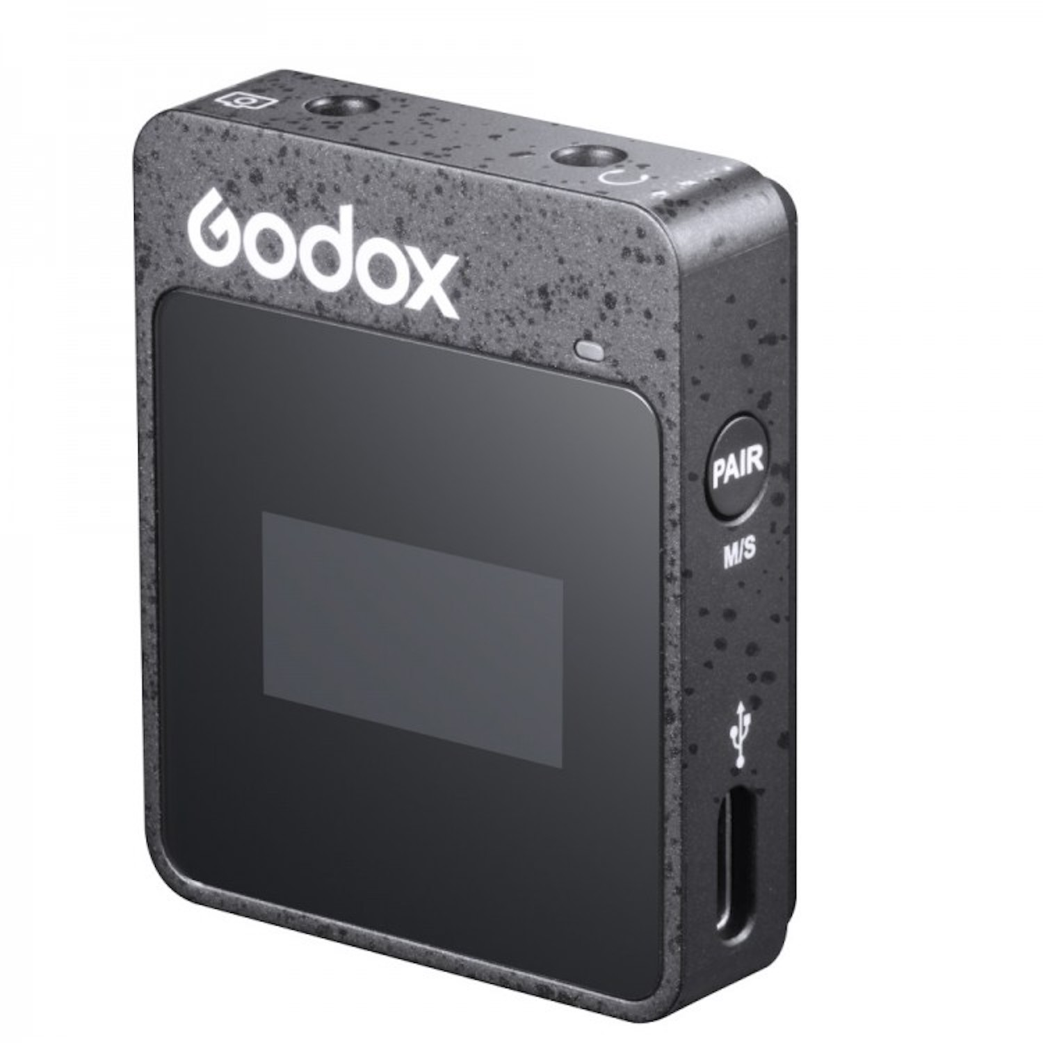 Ein schwarzes Gerät mit Bildschirm und Knöpfen. Oben steht 'Godox'. Das Gerät hat einen USB-Anschluss.