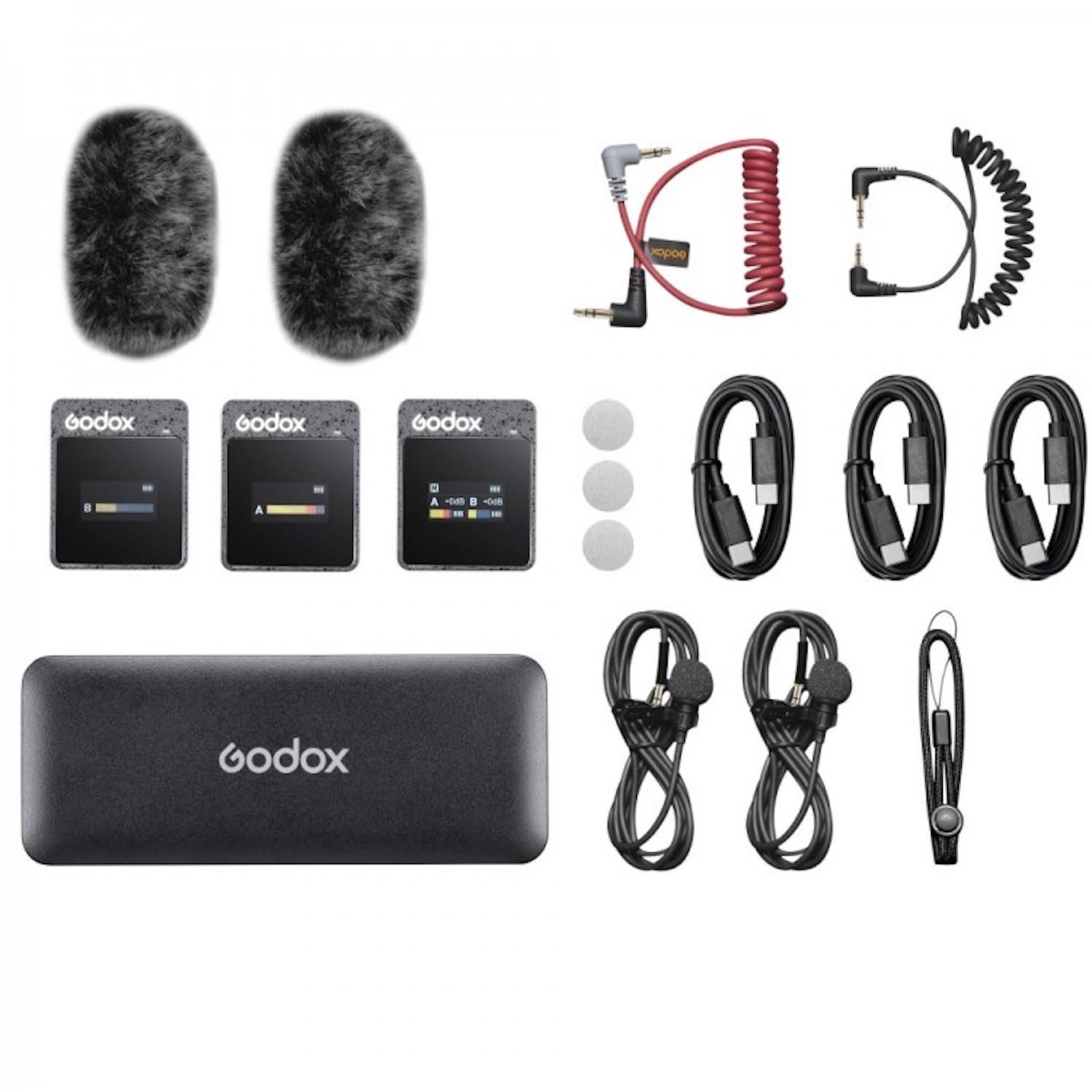 Eine Sammlung von Audioausrüstung, darunter Mikrofone, Empfänger und Kabel, die ordentlich auf einer weißen Oberfläche angeordnet sind.