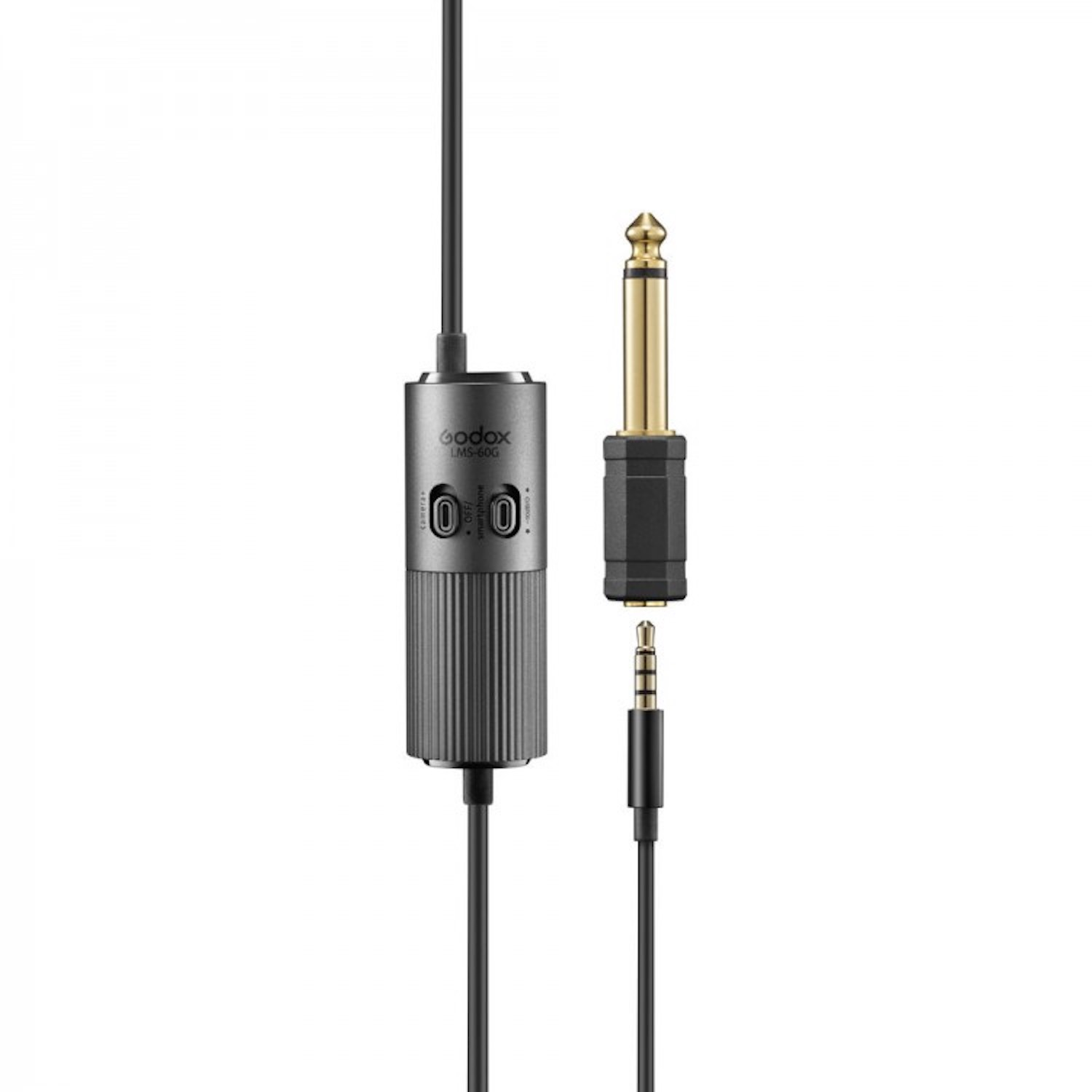 Ein schwarzer und grauer Audioadapter mit 3,5-mm- und 6,35-mm-Klinke und Kabel, auf Weiß.