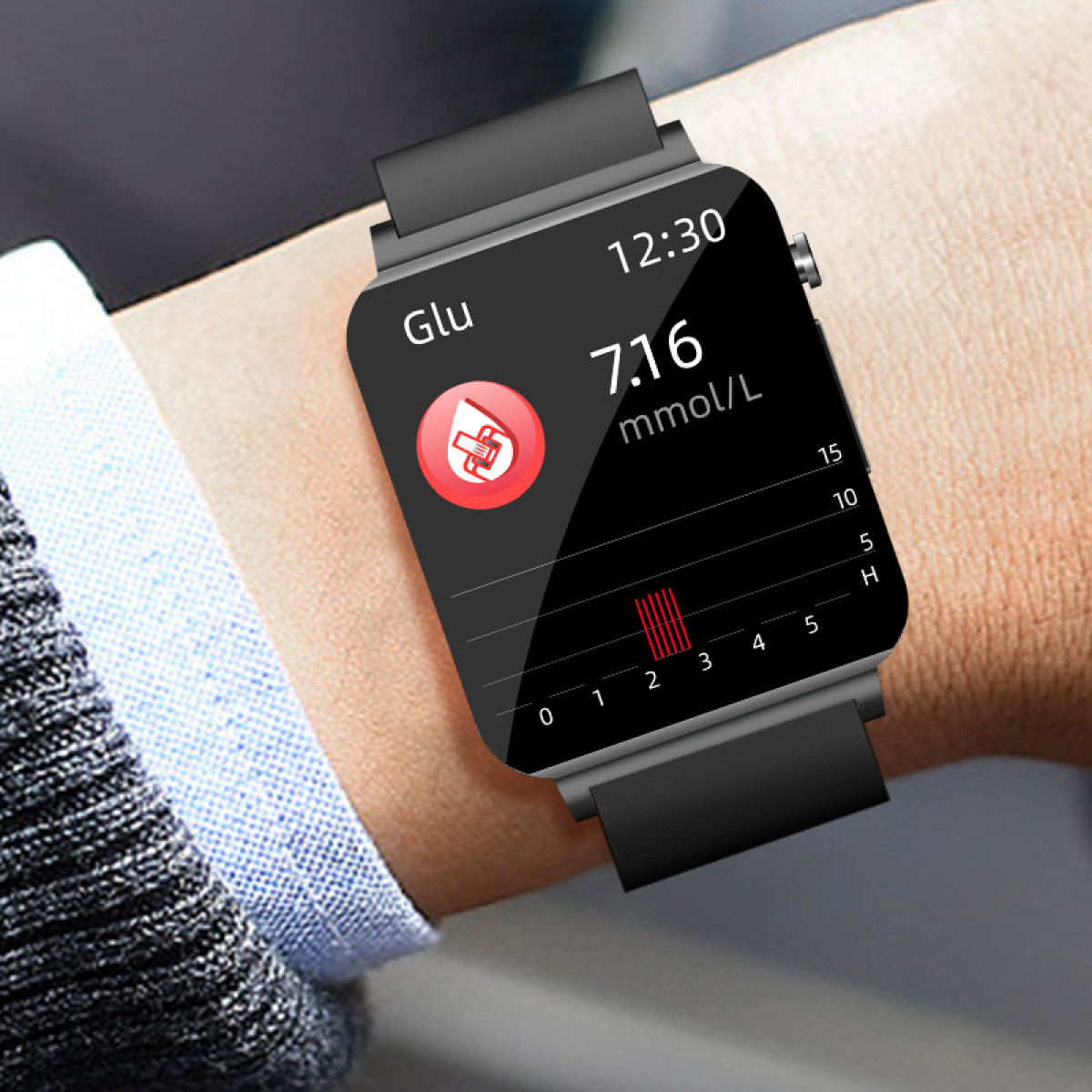 A smartwatch displays blood glucose level (7.16 mmol/L). It has a red blood drop icon.