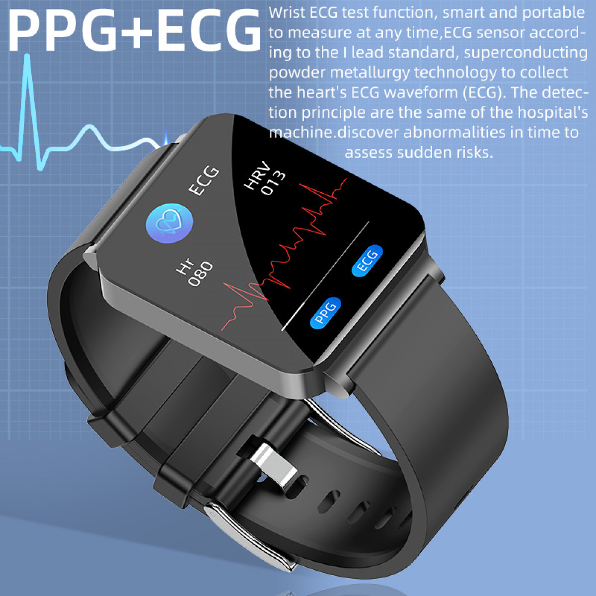 Schwarze Smartwatch, die Gesundheitsmetriken anzeigt. Text auf dem Bildschirm: EKG, HR und PPG. Schwarzes Band.