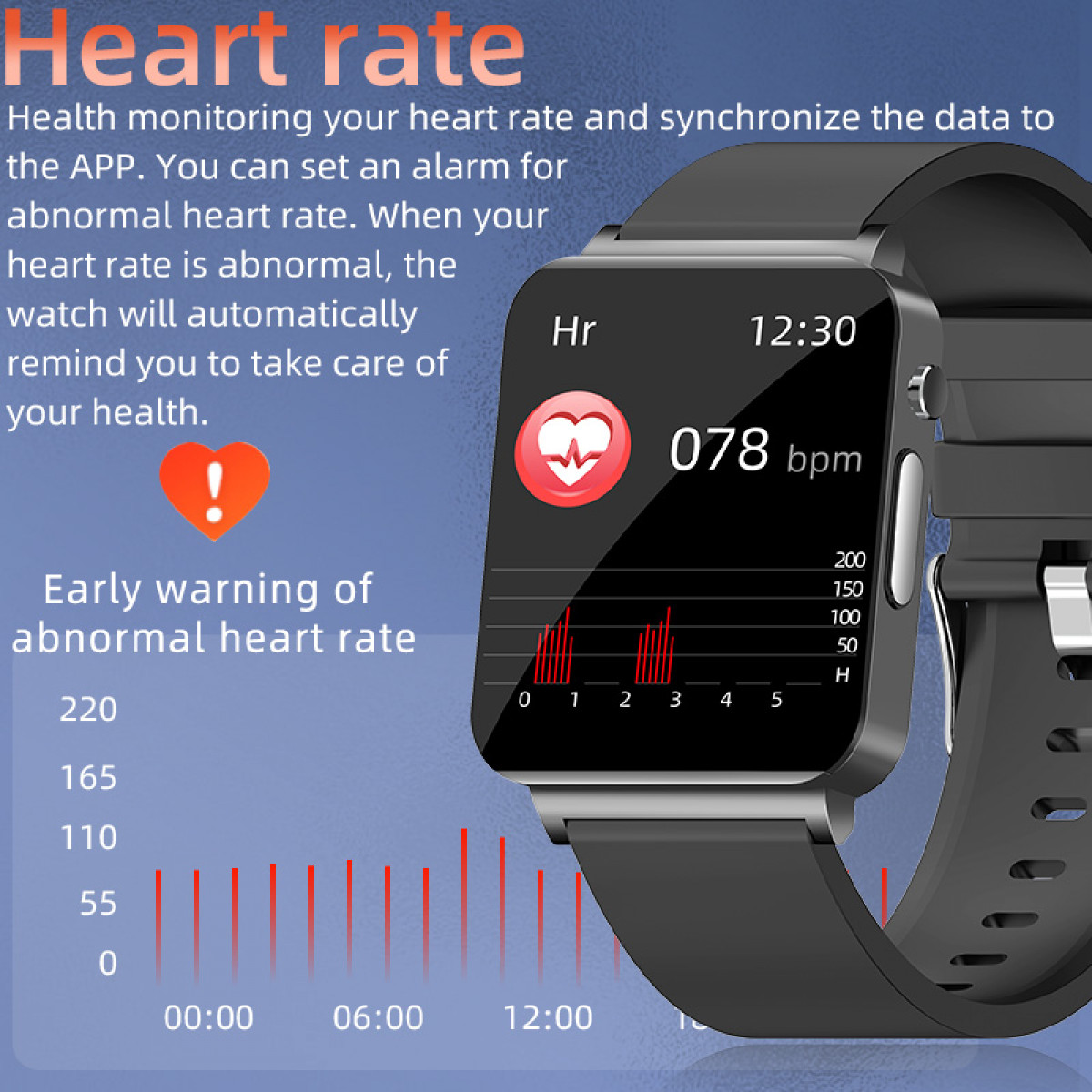 Eine Smartwatch, die Herzfrequenzdaten mit einem roten Herzsymbol anzeigt.