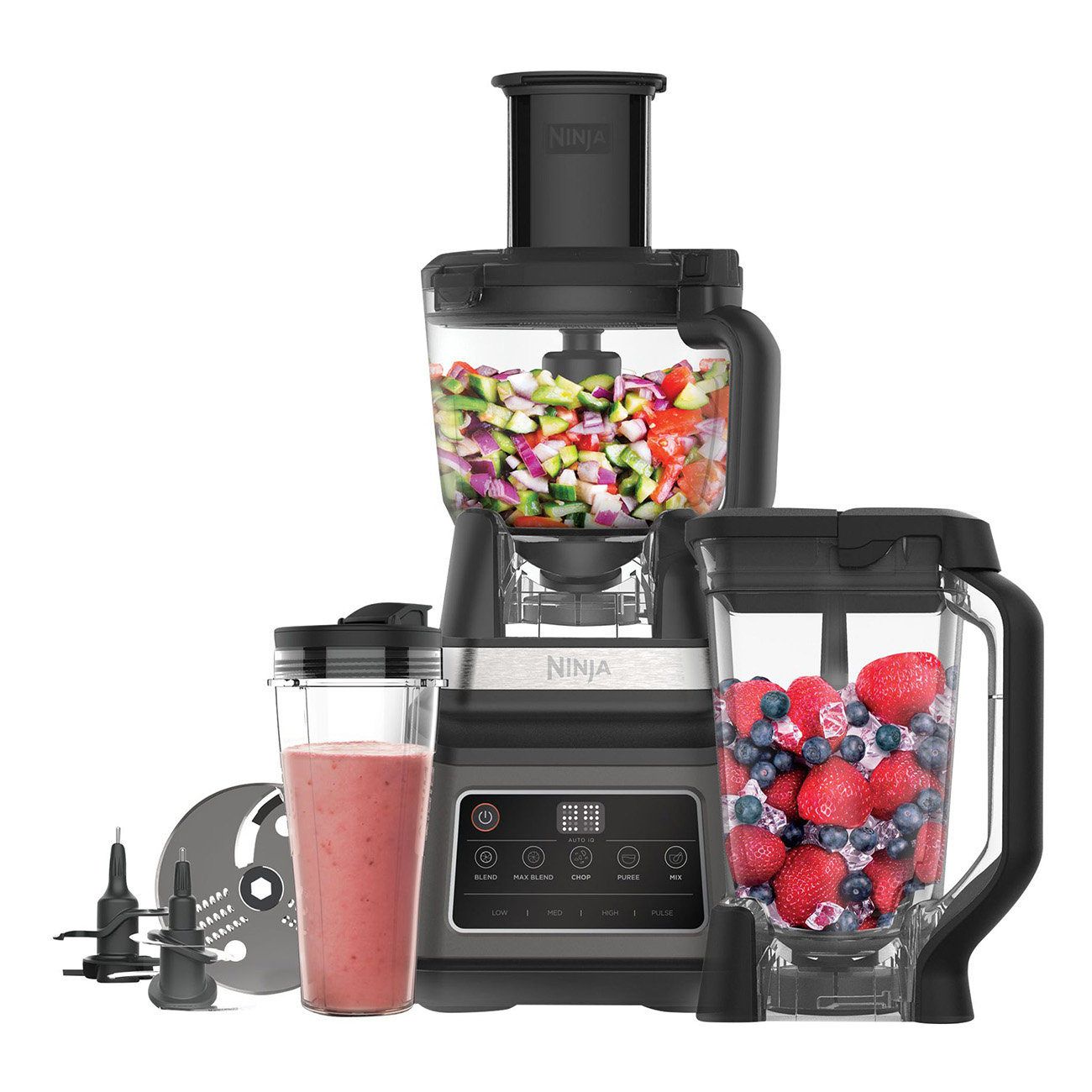 Czarny system blendera Ninja z robotem kuchennym i nakładkami do smoothie.