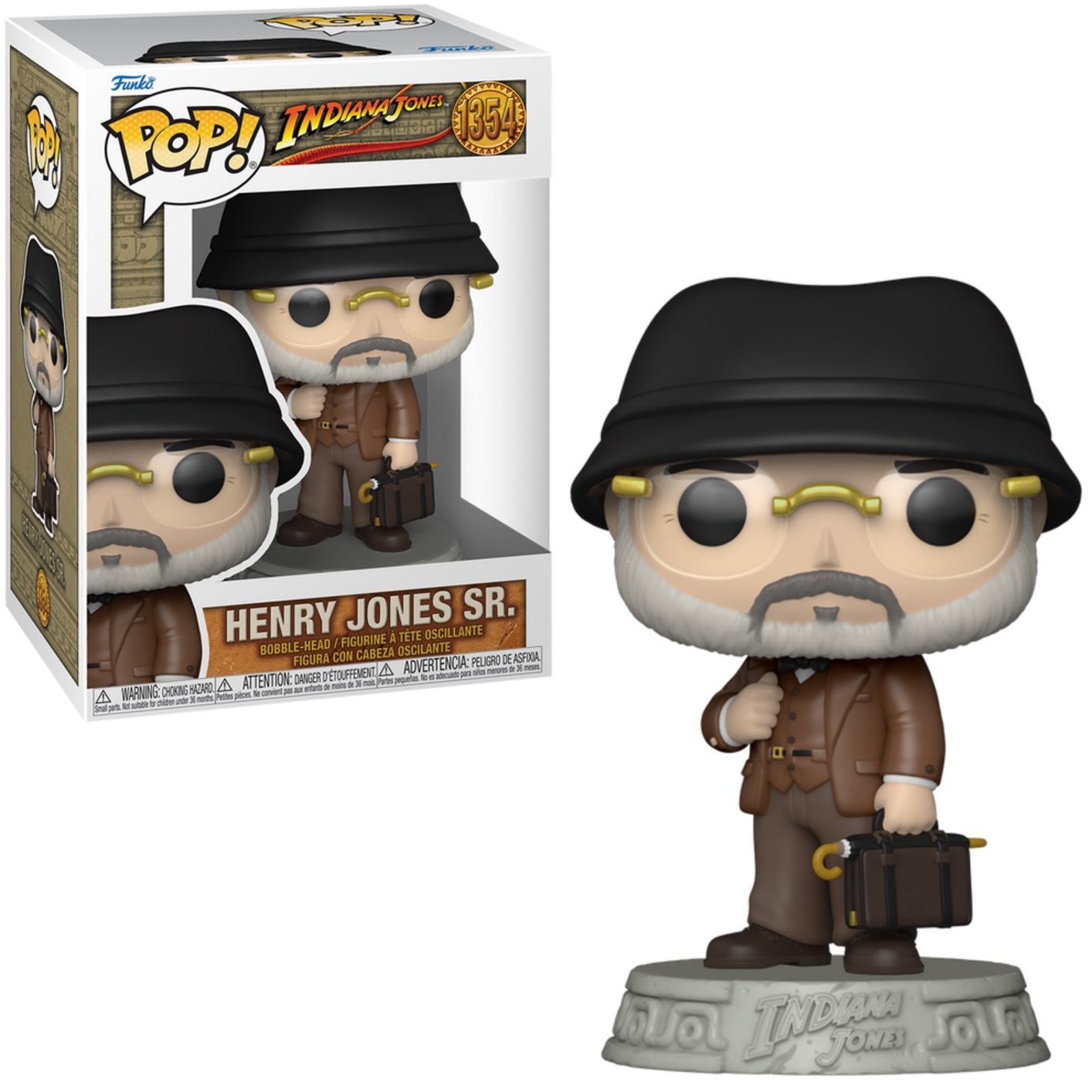 Een Funko Pop figuur van Henry Jones Sr. met een zwarte hoed, bril, en een aktetas.