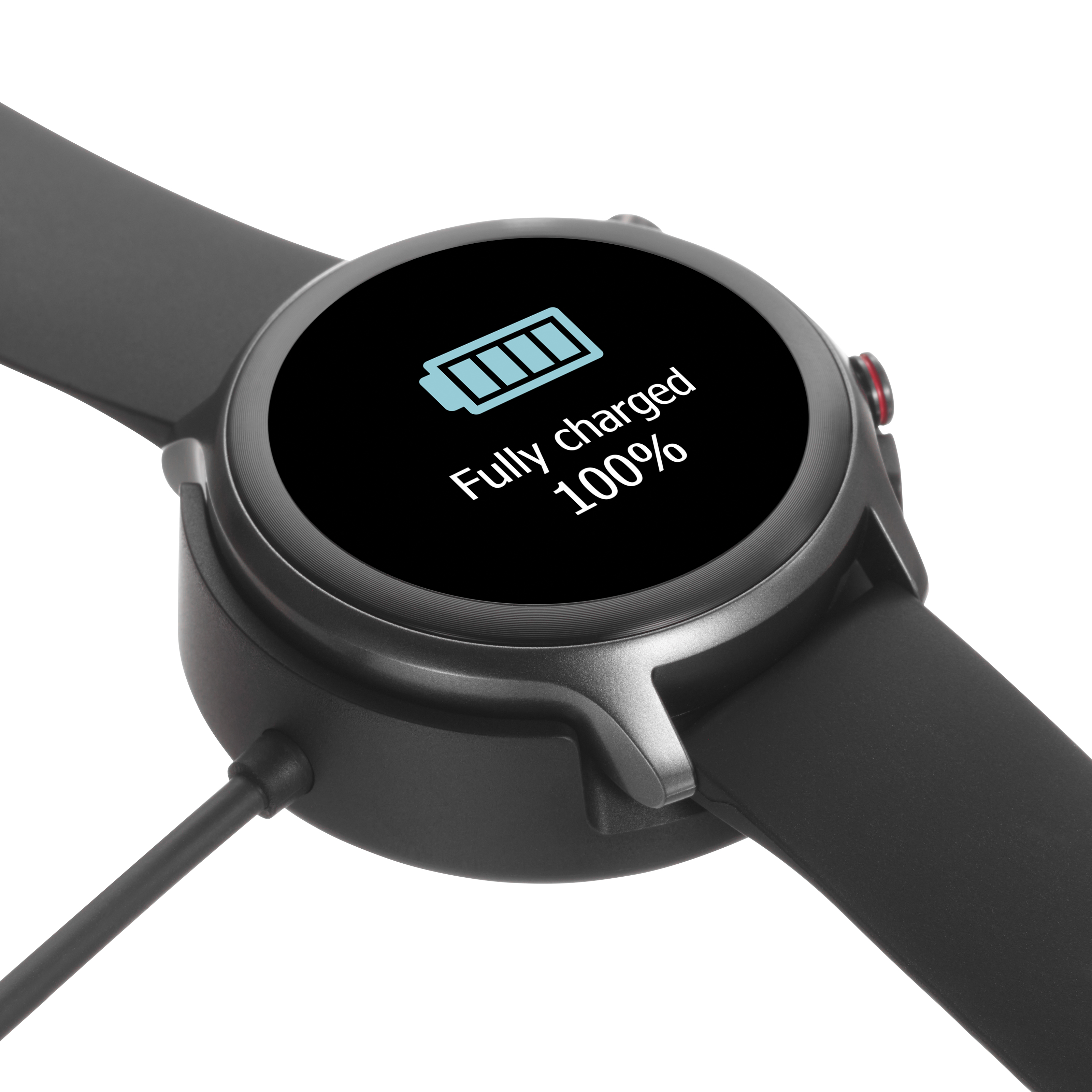 Smartwatch on charger showing full charge, with a black band.
