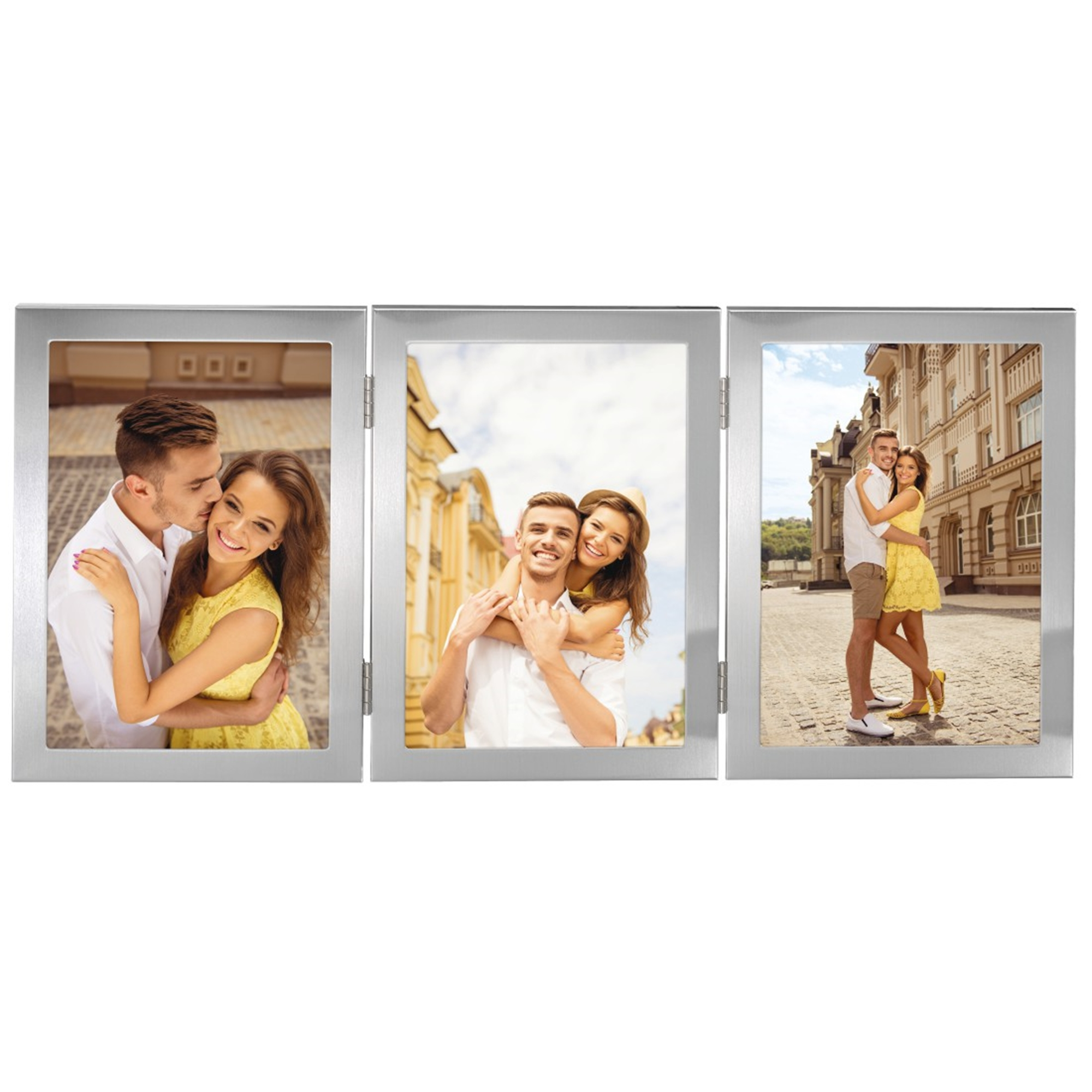 Triptychon von Fotos, drei Tafeln, Paare umarmen sich an verschiedenen Orten.