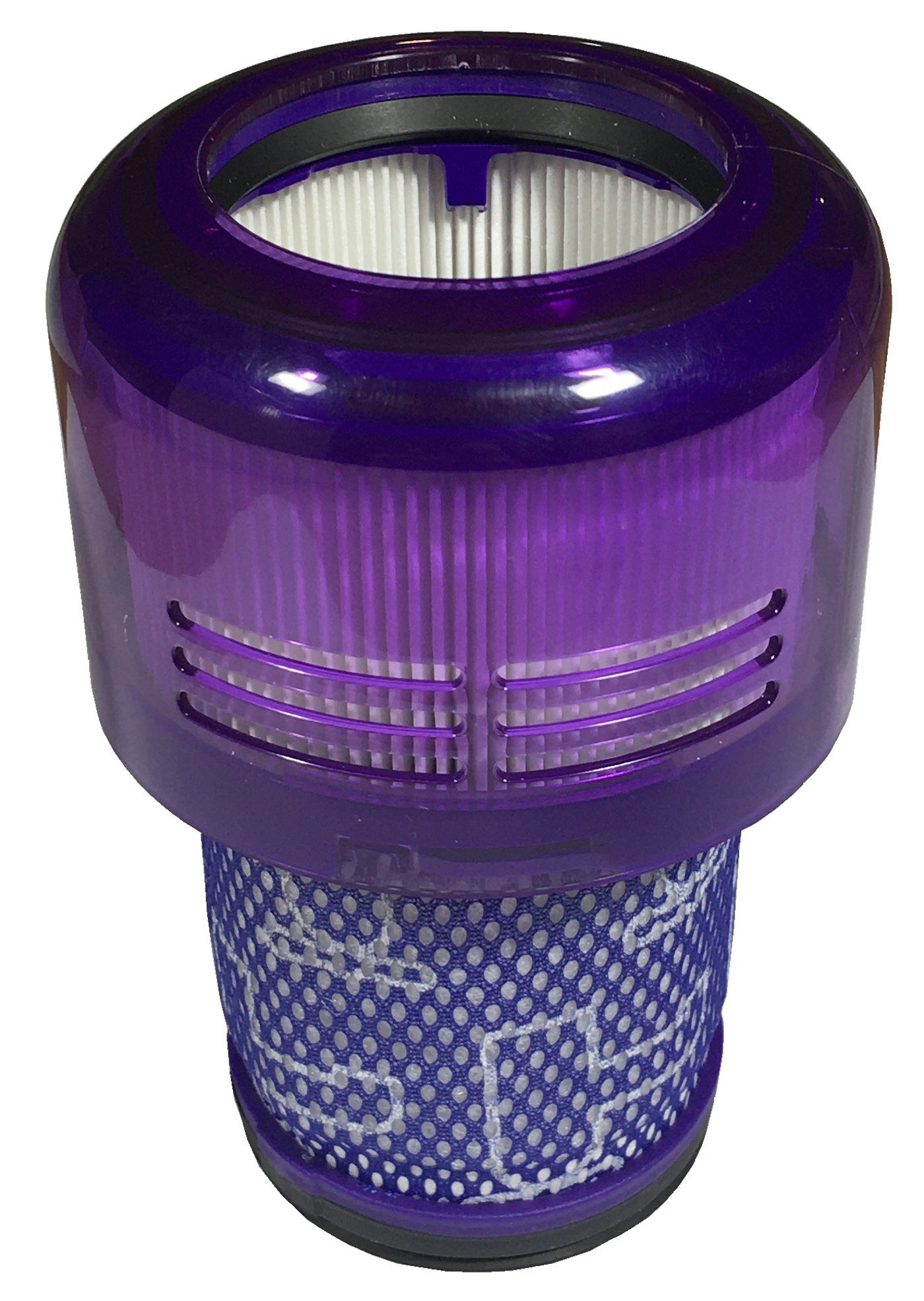 Zylindrischer, violetter Staubsaugerfilter mit weißem Filtermaterial.