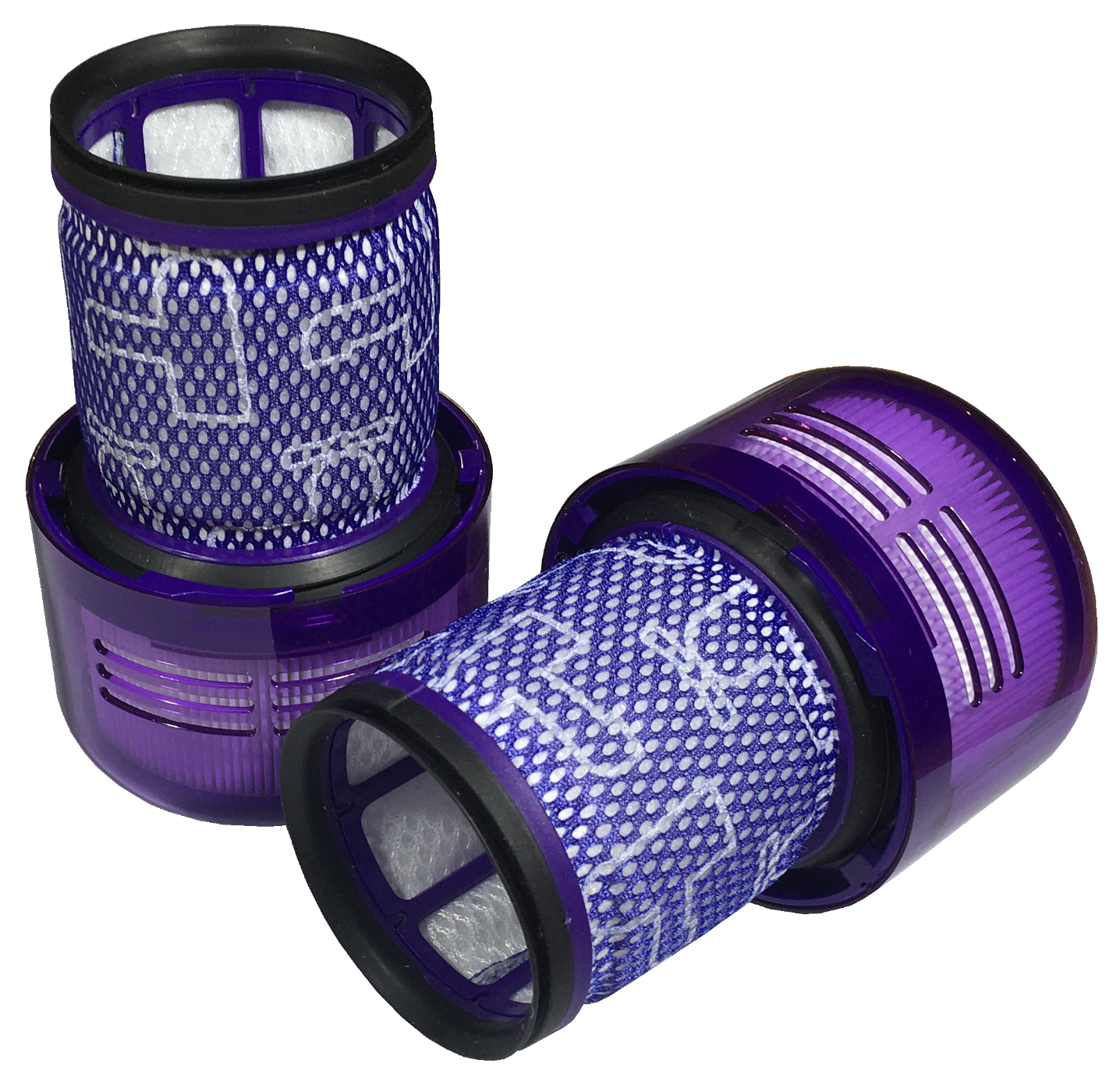 Drei violette Staubsaugerfilter mit weißem Filtermaterial und schwarzen Rändern, auf weißer Oberfläche.