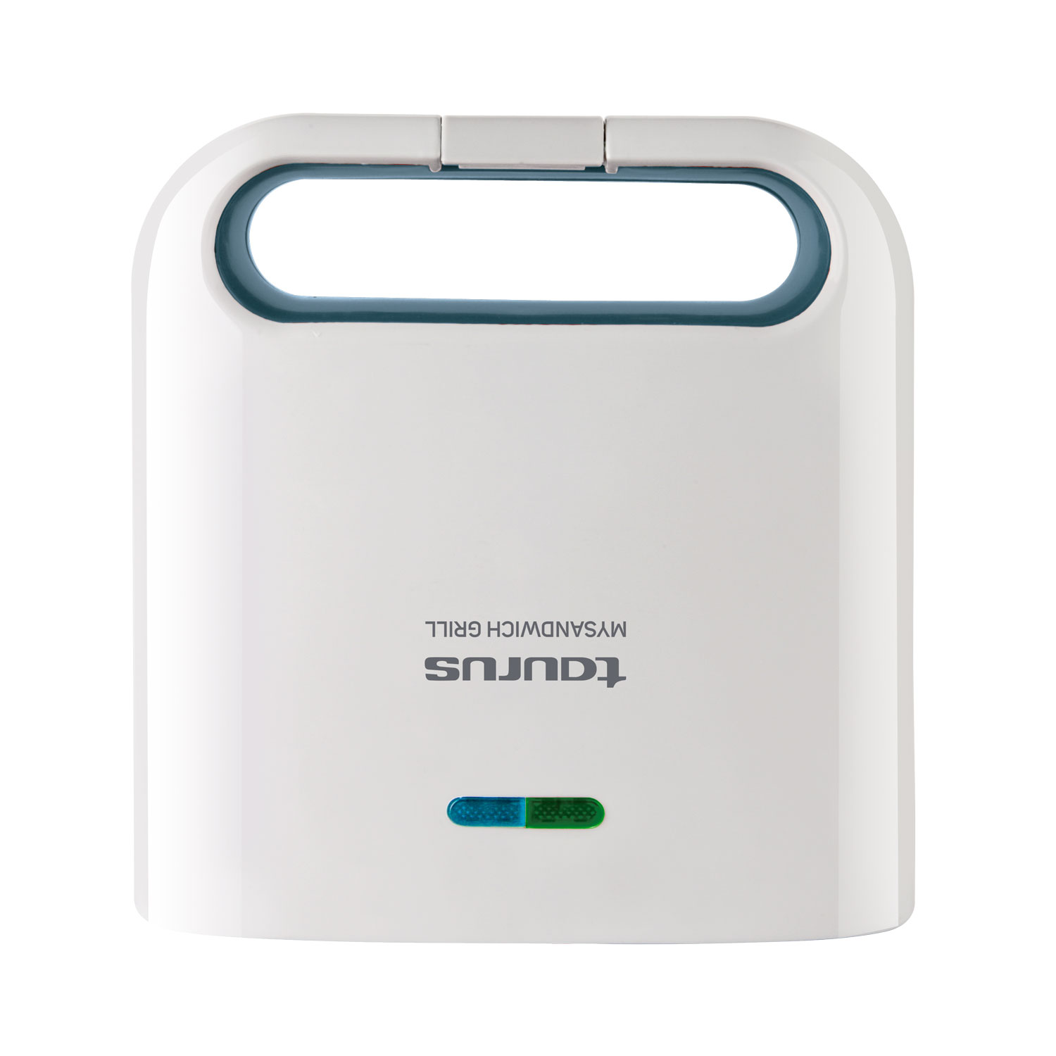 Una sandwichera Taurus blanca, con asa verde azulado e indicadores de encendido: azul y verde.