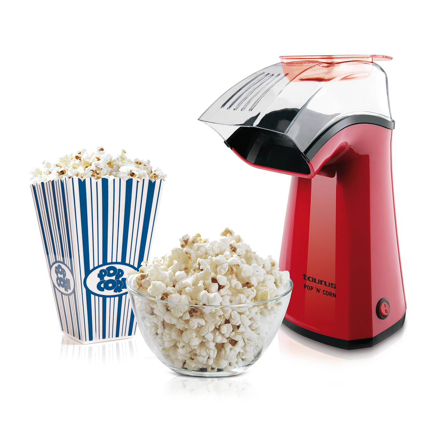 Popcornmaschine mit Popcorn, Popcornbehälter und Schüssel Popcorn.