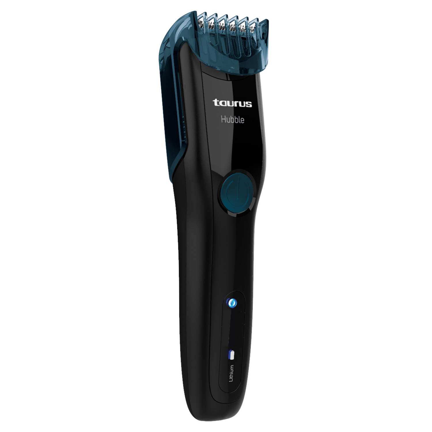 Una recortadora de barba eléctrica Taurus negra y azul, con indicador de luz azul.