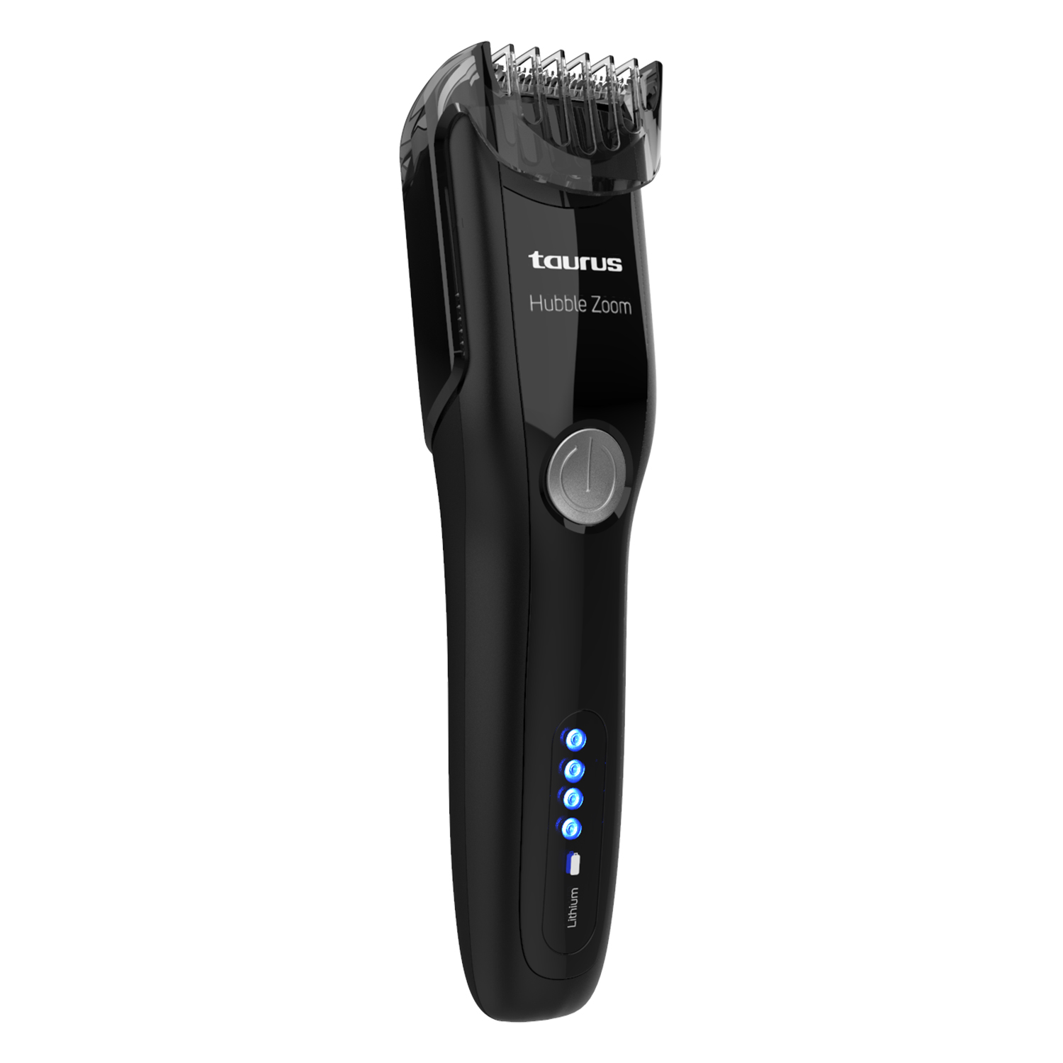 Recortadora de barba negra Taurus Hubble Zoom. Tiene cuchillas, botón de encendido y luces indicadoras de batería.