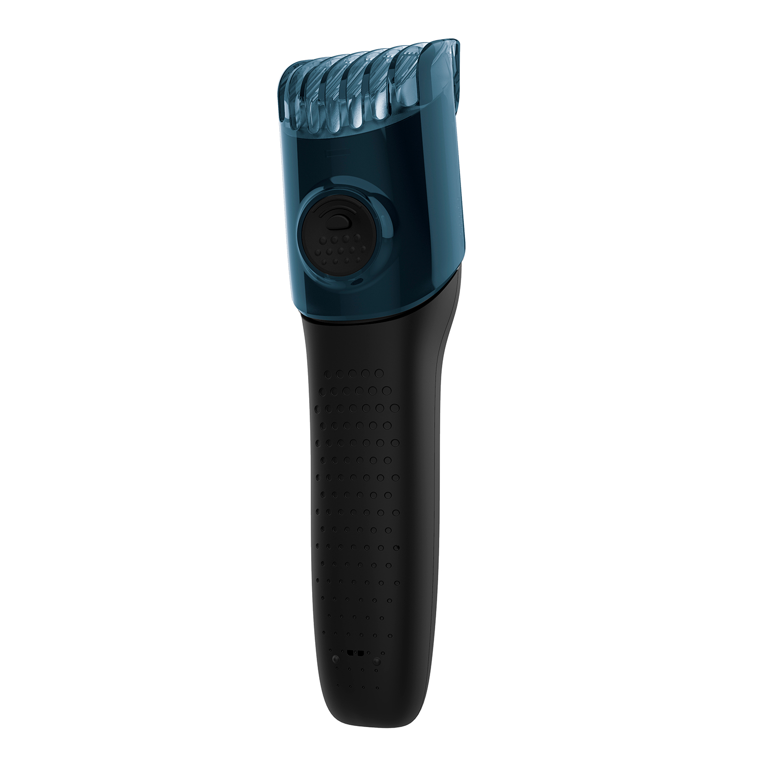 Una recortadora de barba negra y azul con cabezal azul. La recortadora está sobre un fondo blanco.