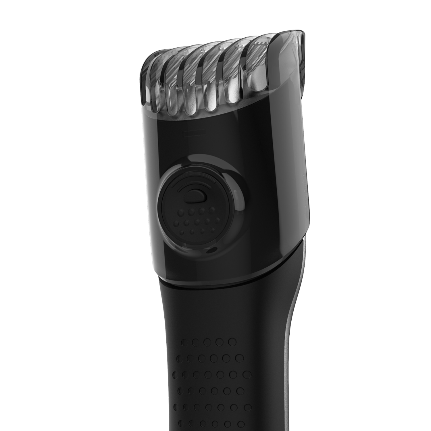 Recortadora de barba negra con guía plástica transparente. Primer plano.