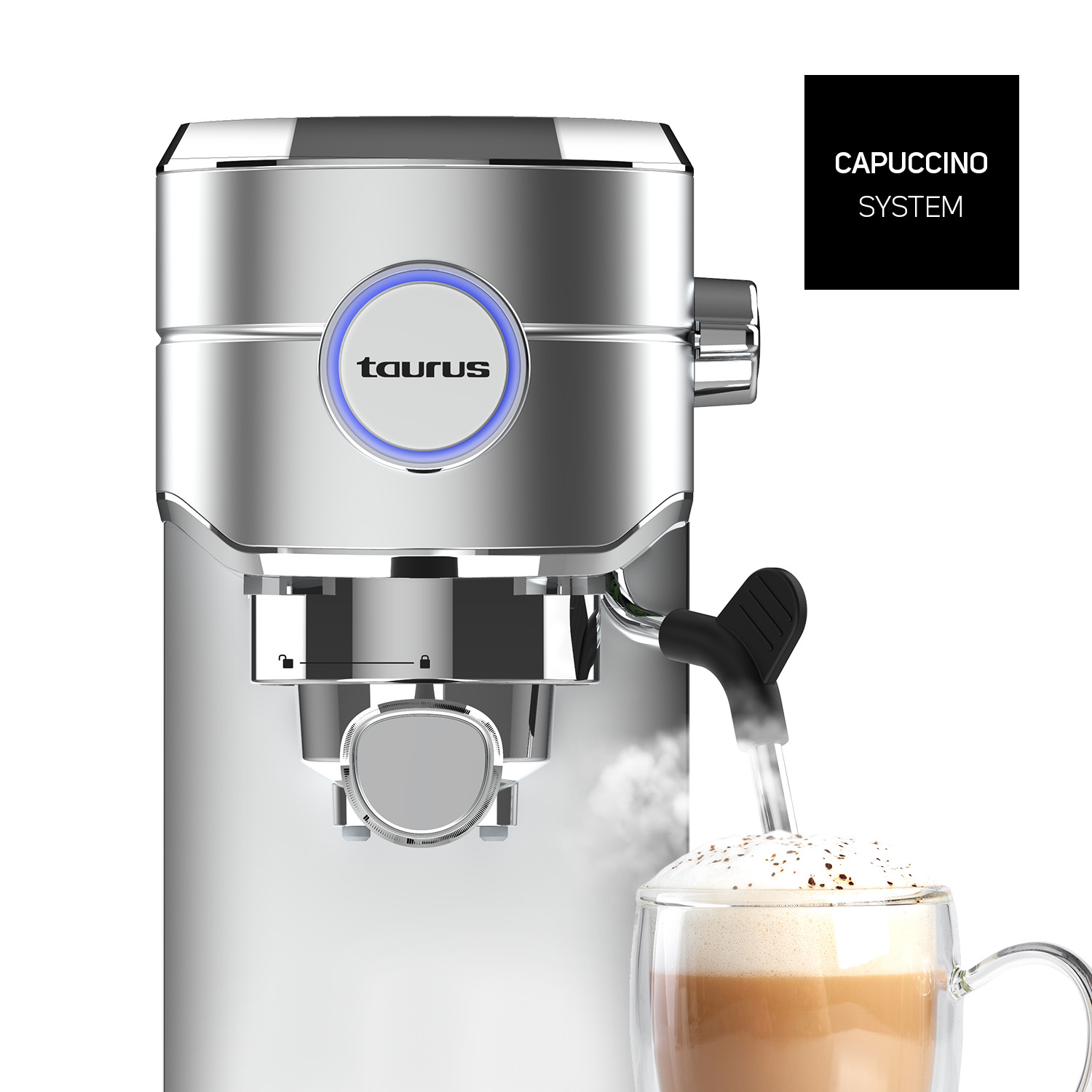 Máquina de espresso plateada con una varilla espumadora. Un vaso de café en primer plano.