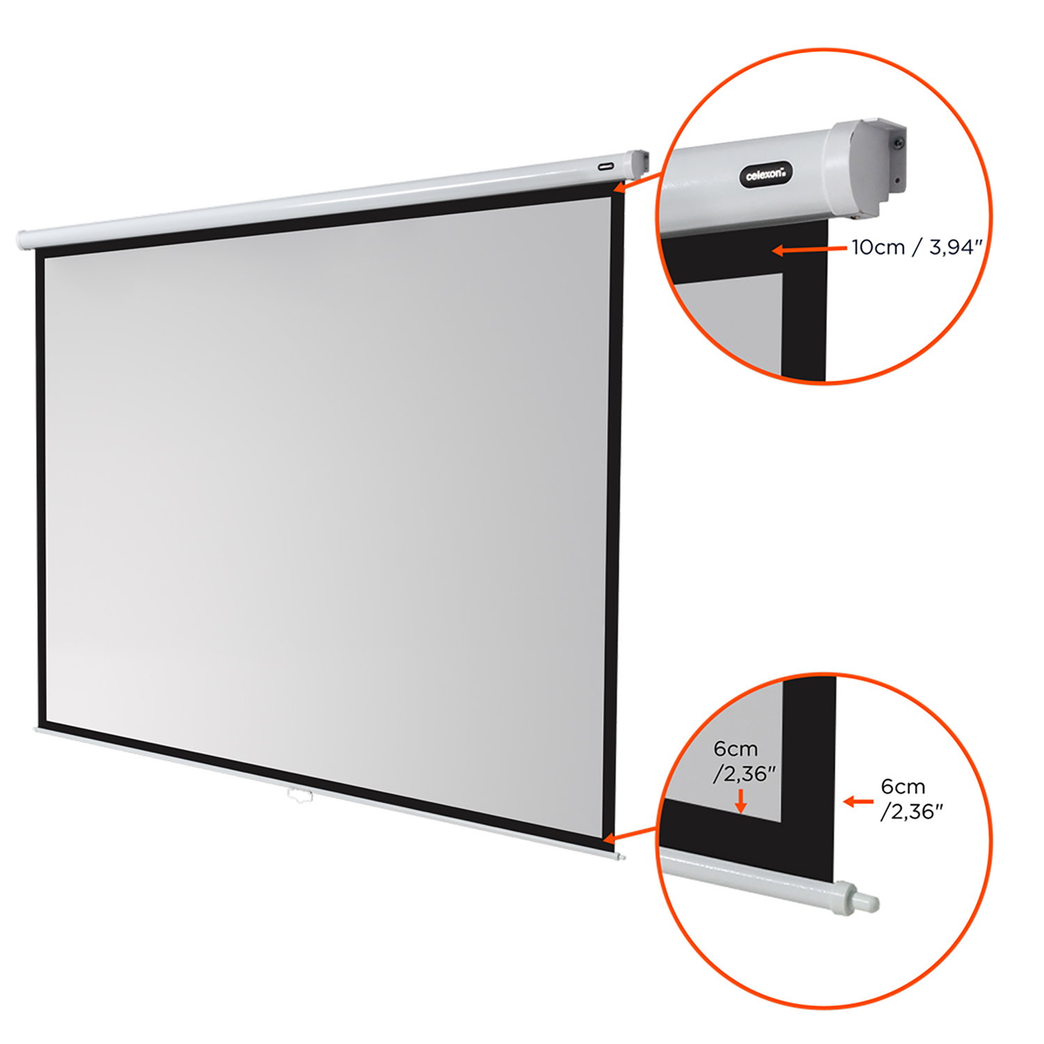 Eine weiße Projektorleinwand mit schwarzen Rändern und einem weißen Gehäuse. Es gibt Zoom-in-Kreise.