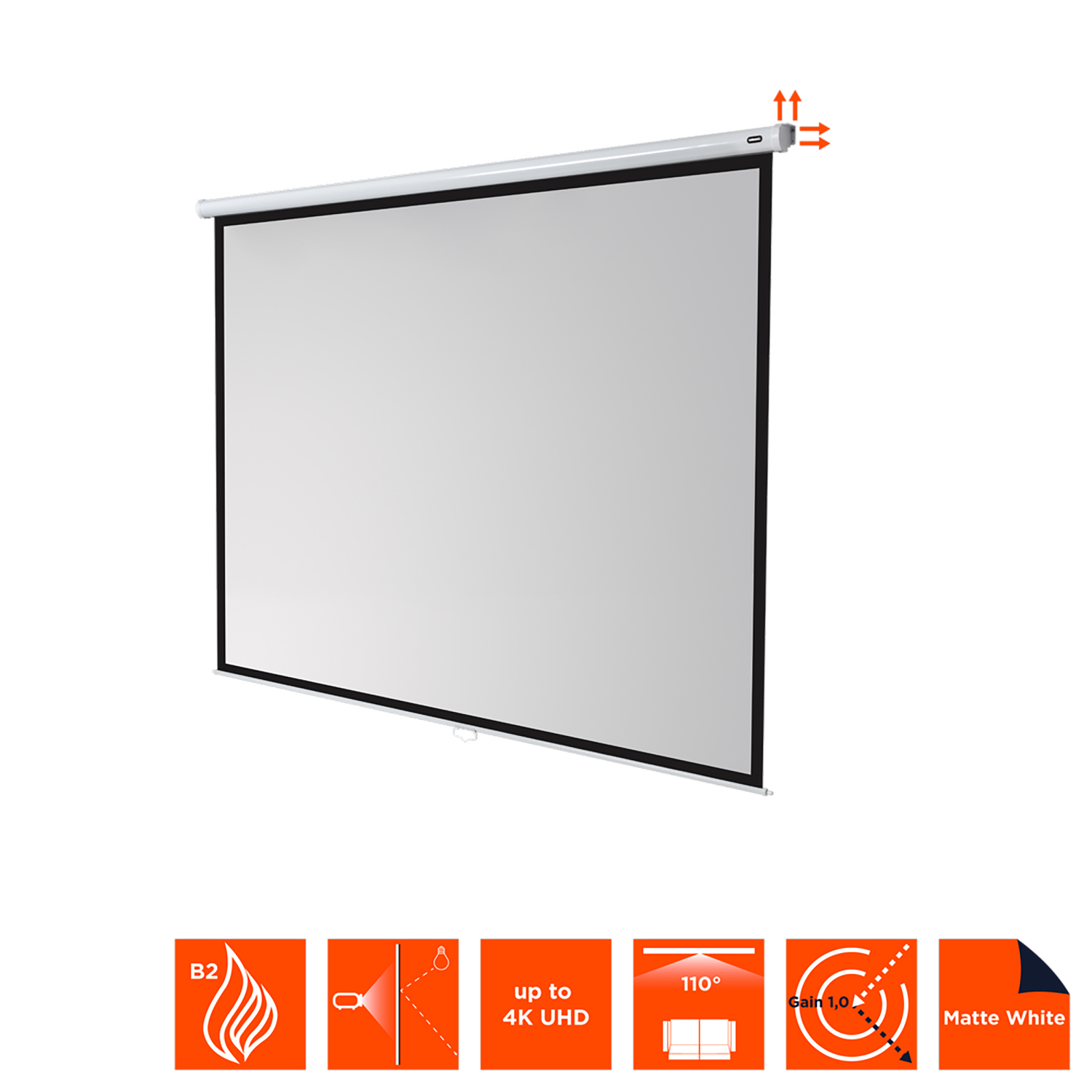 Eine weiße Projektionsleinwand mit schwarzen Rändern und Symbolen für Brandschutz, Licht und andere Symbole.