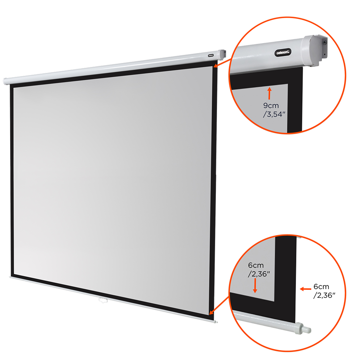 Weisse Projektorleinwand mit Messungen in Zoll und cm, schwarze Ränder, weisser Hintergrund.