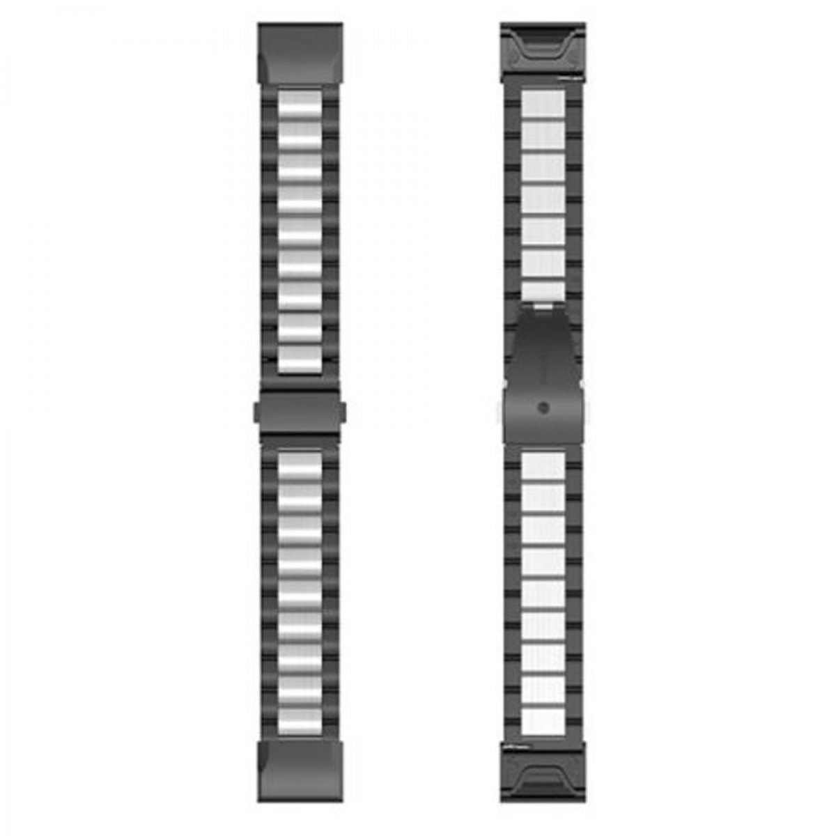 Zwei Armbänder. Jedes hat eine Reihe rechteckiger Glieder mit einem Verschluss.