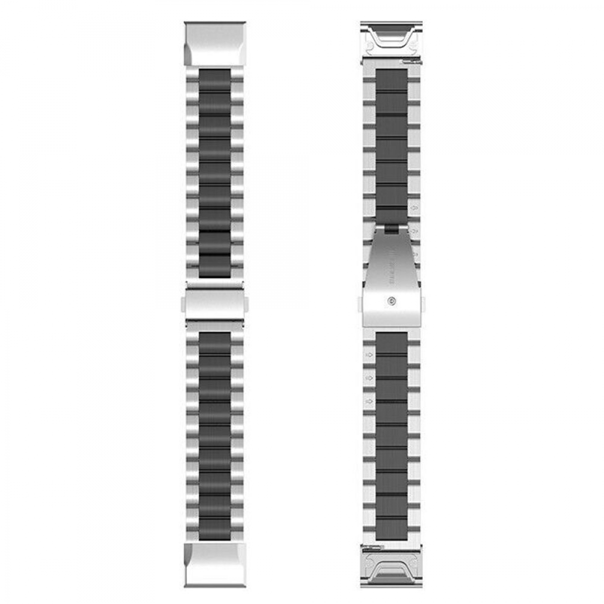 Zwei silber-schwarze Armbänder. Eines ist offen und zeigt den inneren Mechanismus.