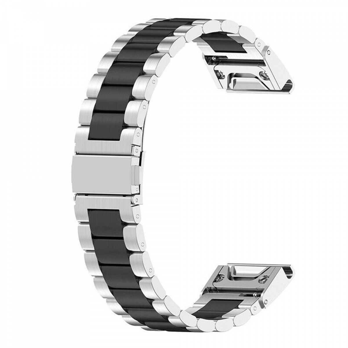 Ein Uhrenarmband aus silbernem Metall und schwarzem Gummi. Es hat C-Form.
