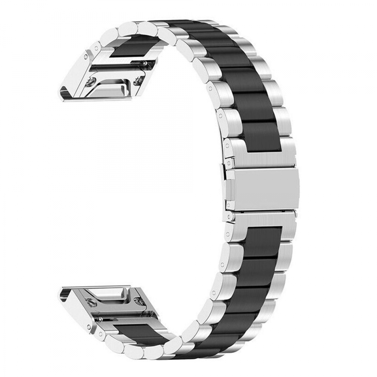 Armbanduhrarmband, schwarz und silber, gebogene Form, mit Verschluss und Befestigungspunkten.