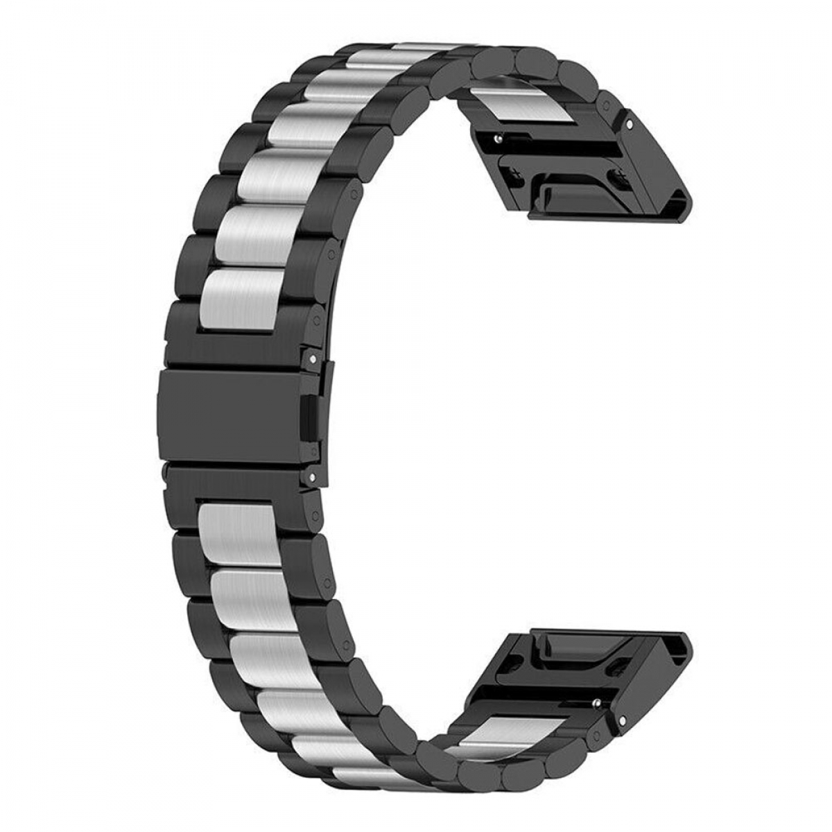 Ein schwarzes und silbernes Uhrenarmband. Es verfügt über schwarze und silberne Glieder, die mit einer silbernen Schließe verbunden sind.