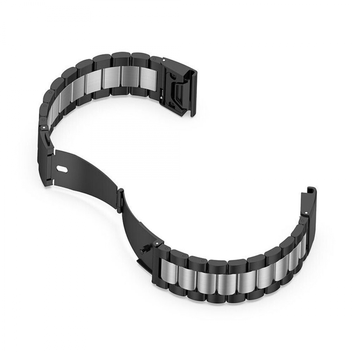 Abgelöstes, schwarz-silbernes Uhrenarmband. Das Band besteht aus Metall mit abwechselnd schwarzen und silbernen Gliedern.