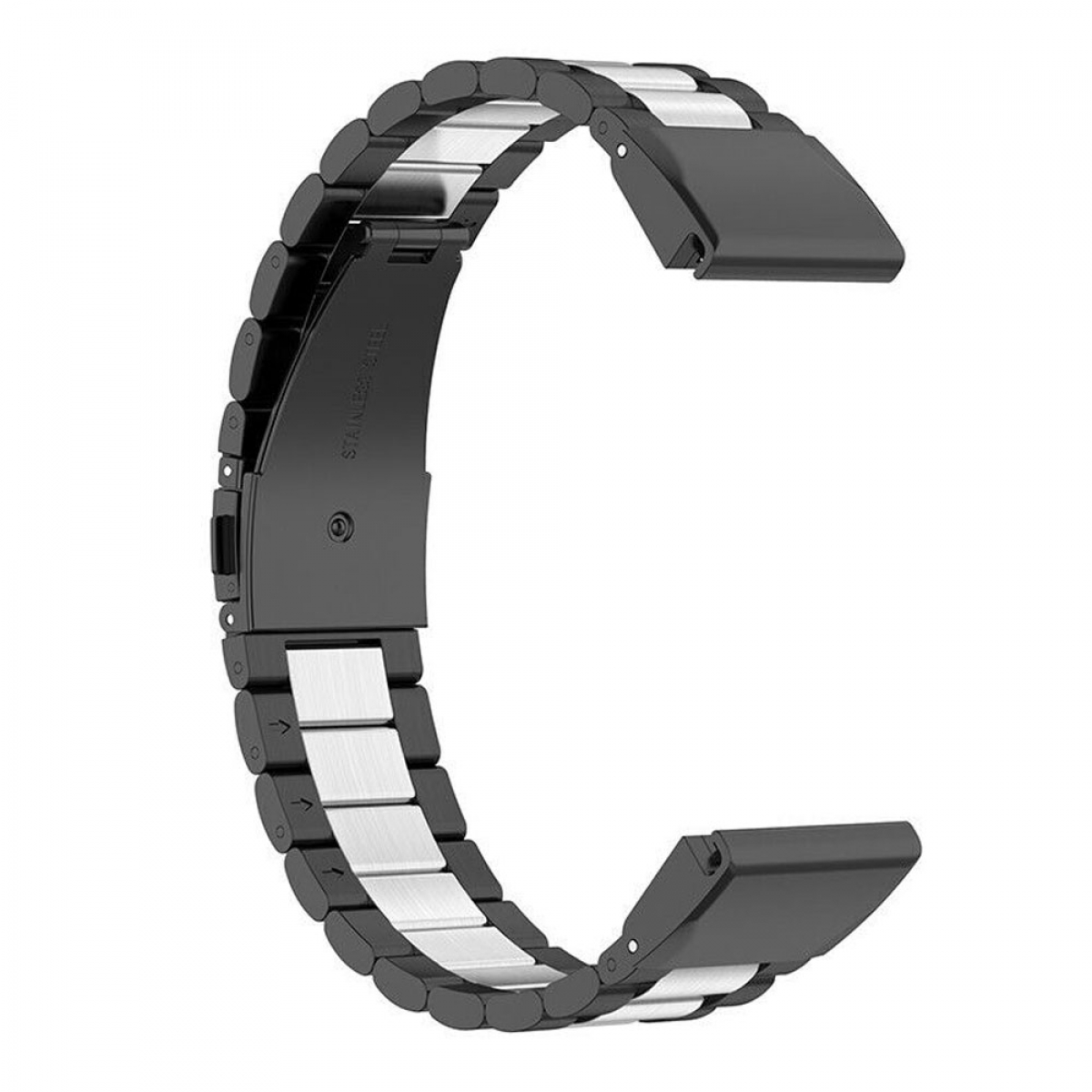 Schwarzes und silbernes Edelstahl-Uhrenarmband, geschwungenes Design.