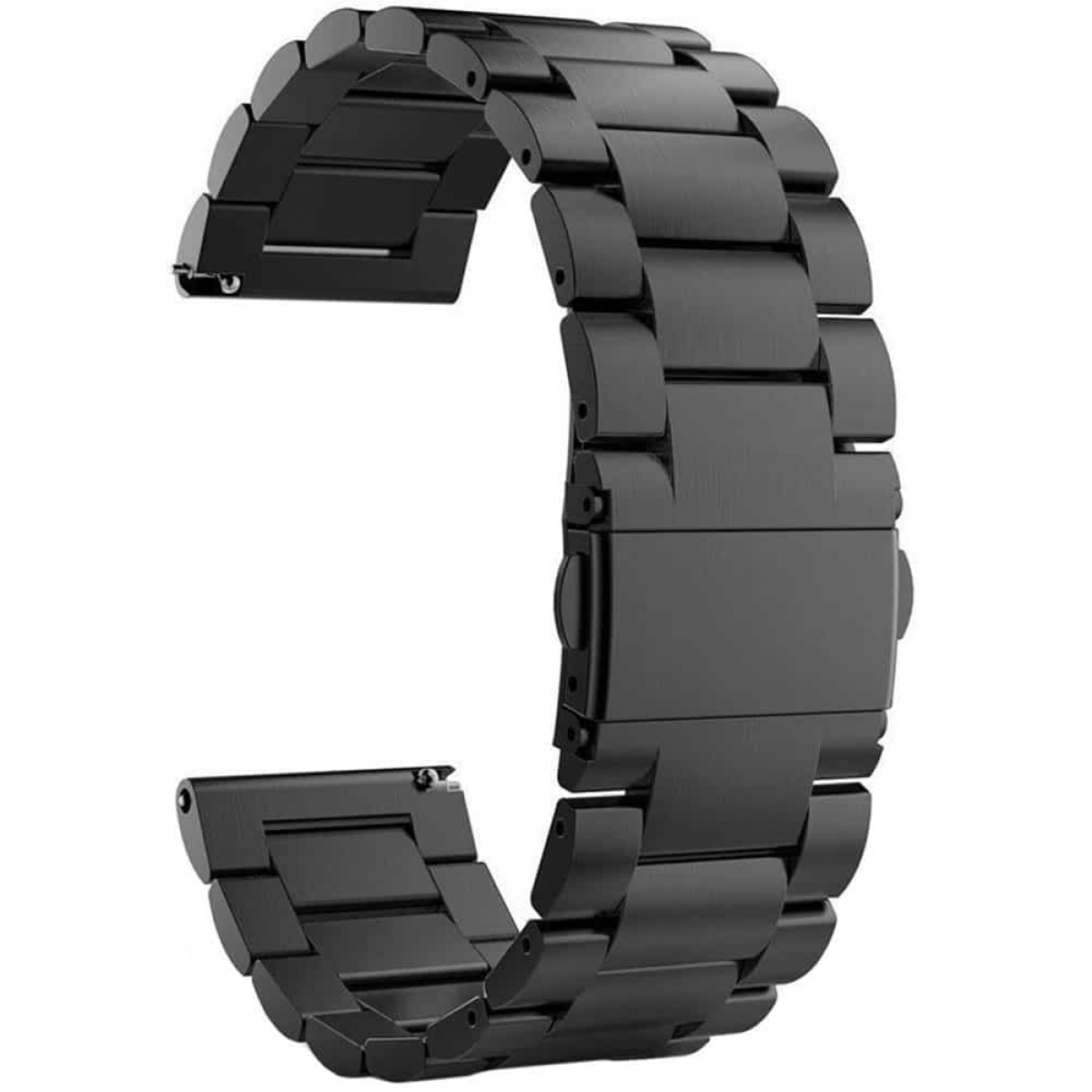 Schwarzes Uhrenarmband mit Metallverschluss, aus rechteckigen Segmenten, auf weißem Hintergrund.