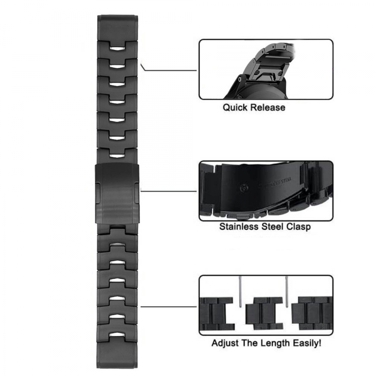 Schwarzes Uhrenarmband mit Schnellverschluss, Edelstahlverschluss und einstellbarer Länge.