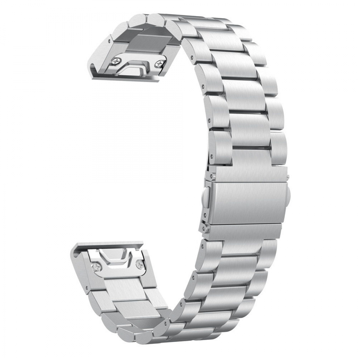 Silbernes Edelstahl-Uhrenarmband in C-Form. Das Armband ist geöffnet.