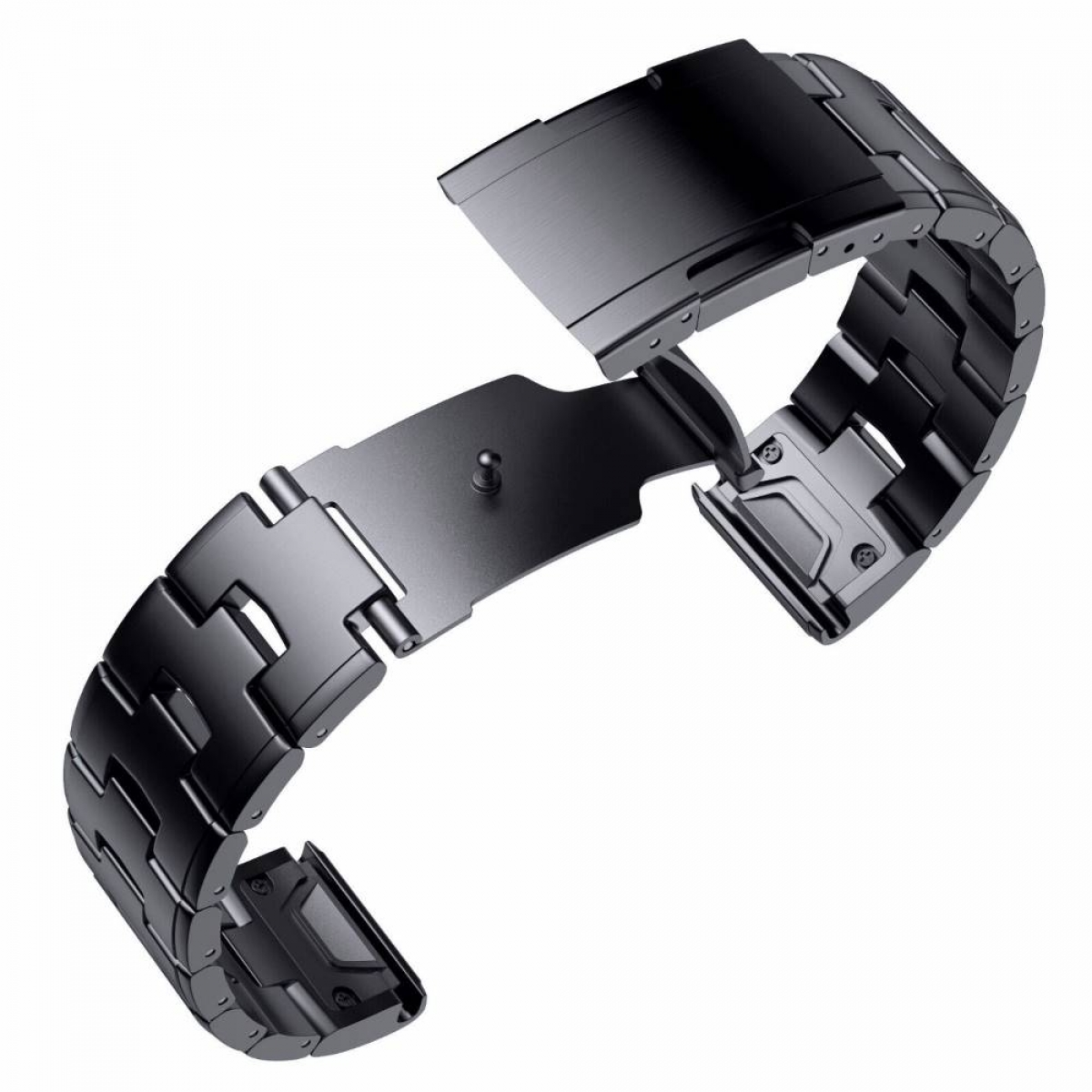 Ein schwarzes Metall-Uhrenarmband, geöffnet und zur Installation bereit. Das Band hat einen Verschluss.