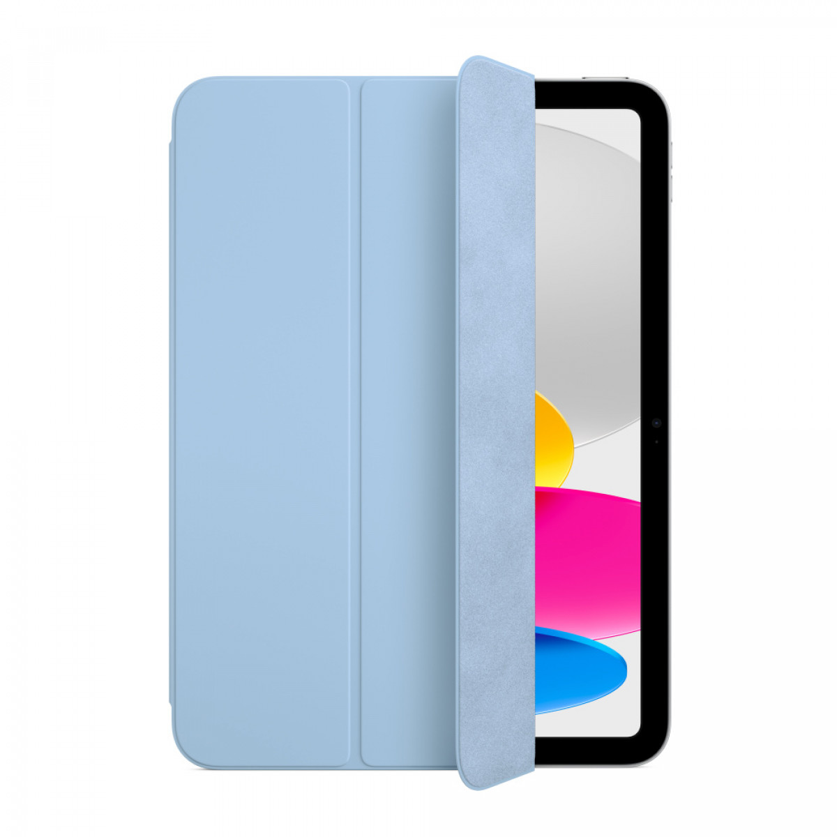 Blaue Tablethülle mit Klappdeckel. Der Tablet-Bildschirm ist sichtbar.