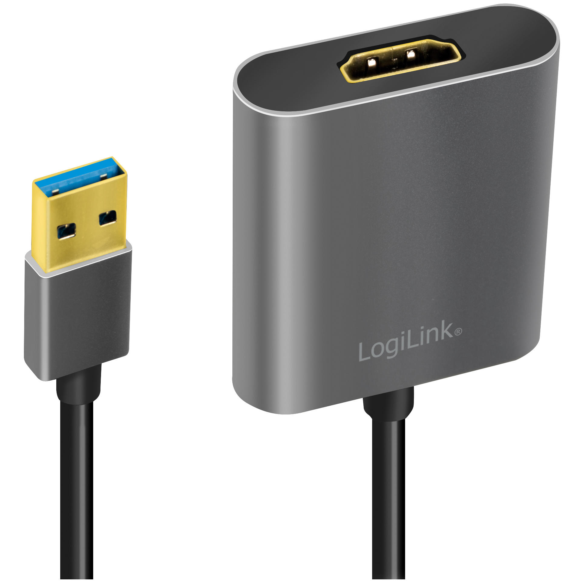 Ein grauer USB-zu-HDMI-Adapter mit schwarzem Kabel auf weißem Hintergrund.