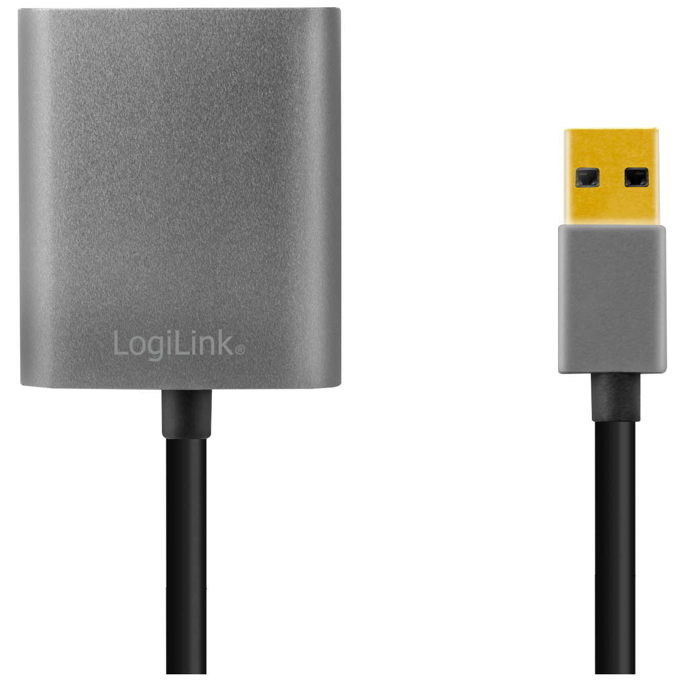 Grauer USB-C-Adapter mit schwarzem Kabel und gelbem USB-Anschluss.
