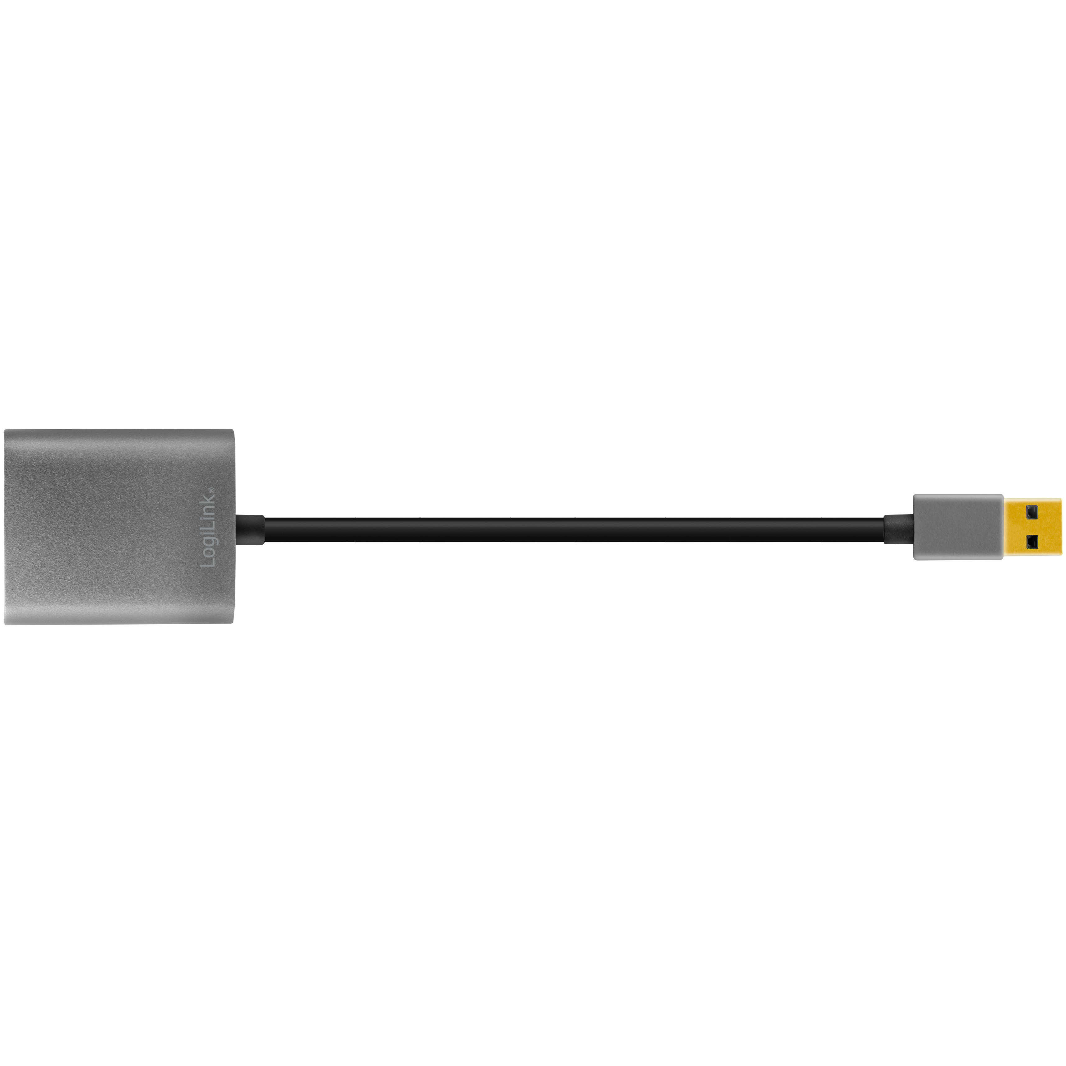 Silberner Adapter mit schwarzem Kabel und gelbem USB-Ende. Marke LogiLink auf dem Adapter.