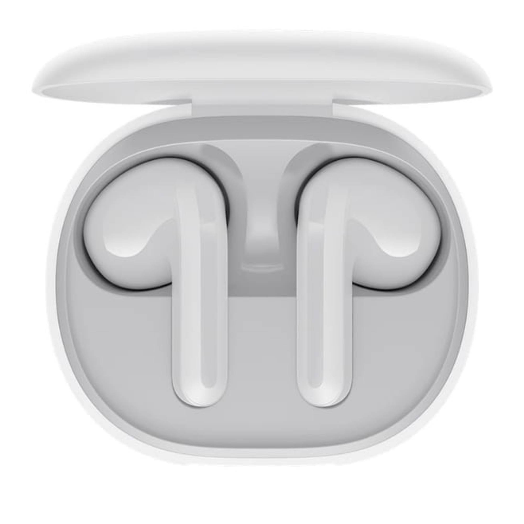 Białe etui na słuchawki, otwarte, odsłaniające dwie białe słuchawki. Szare wnętrze. Białe tło.