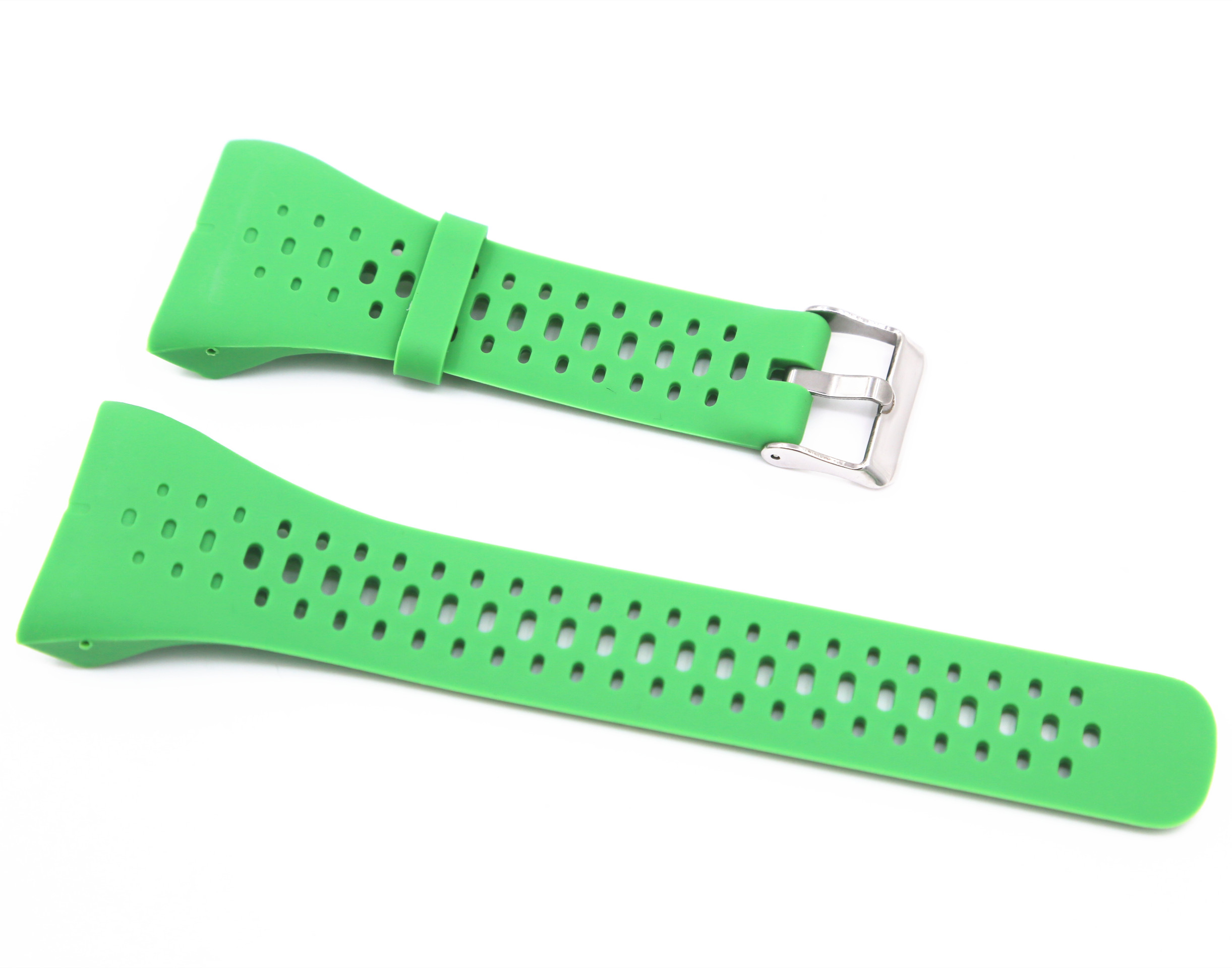 Zwei grüne Uhrenarmbänder mit Löchern und einer silbernen Schnalle auf weißem Hintergrund.