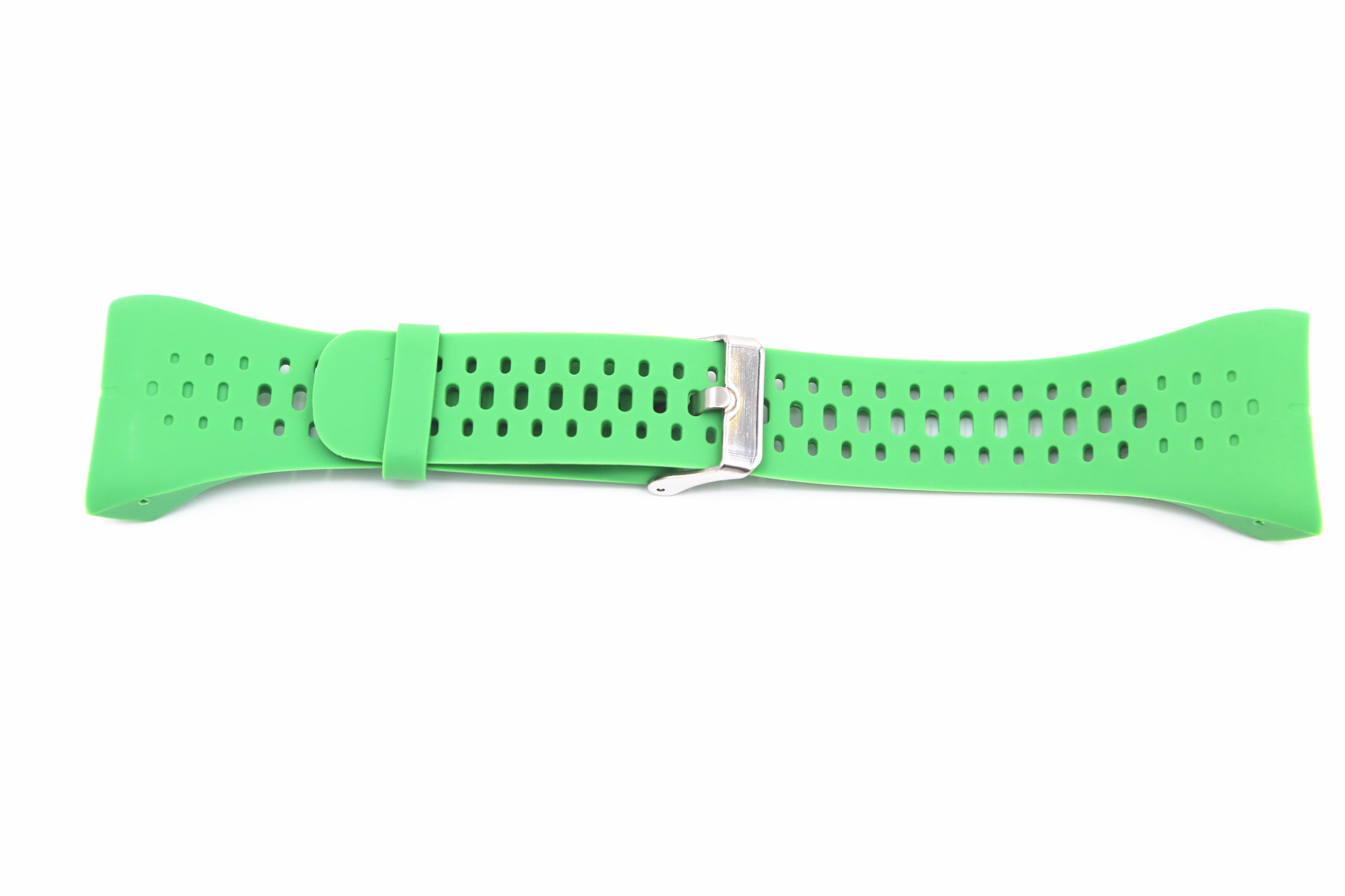 Ein grünes Uhrenarmband mit Löchern und einer silbernen Schnalle, das auf einer weißen Oberfläche liegt.