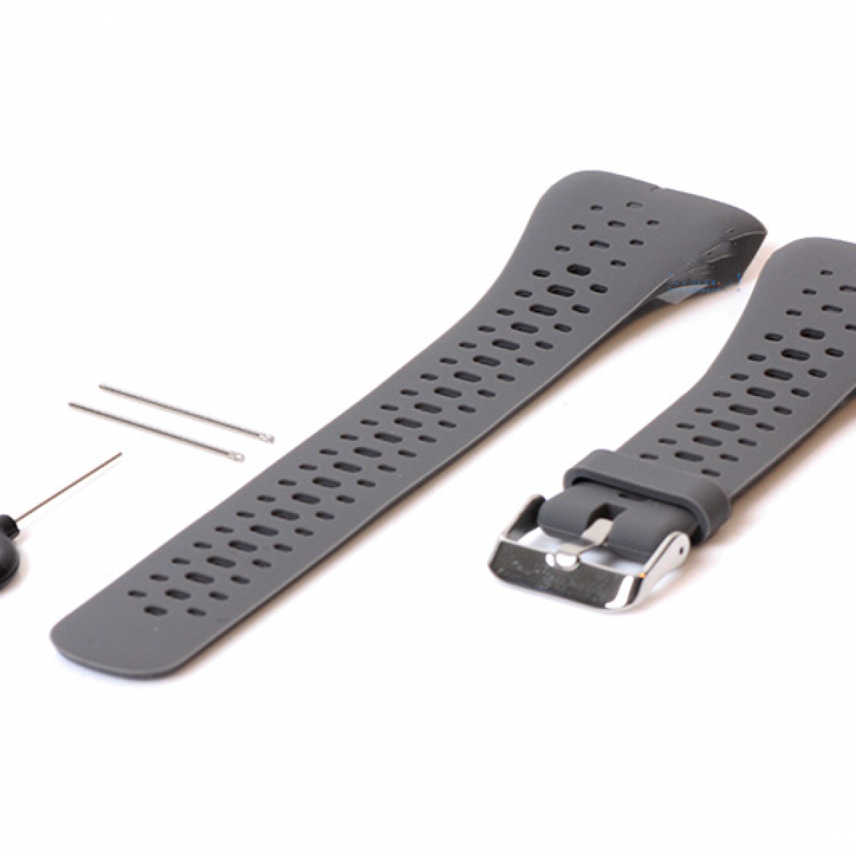Ein graues Uhrenarmband mit Schnalle, Stiften und Werkzeug. Weißer Hintergrund.