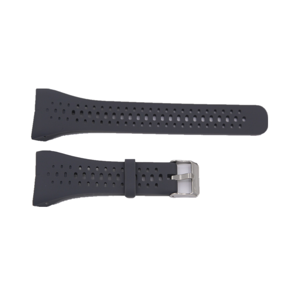Zwei Teile eines dunkelgrauen Uhrenarmbands mit Perforationen und einer silbernen Schnalle.