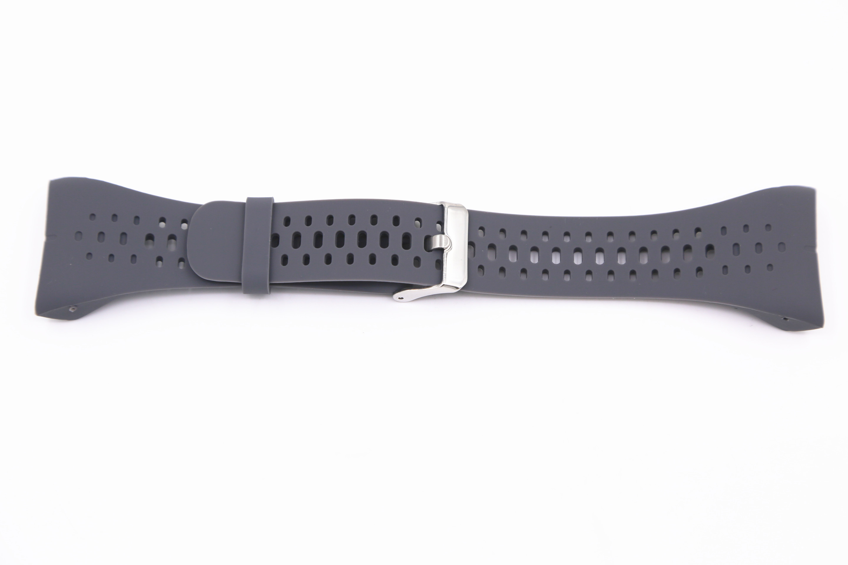 Ein graues Uhrenarmband mit mehreren Löchern und einer silbernen Schnalle auf weißem Hintergrund.